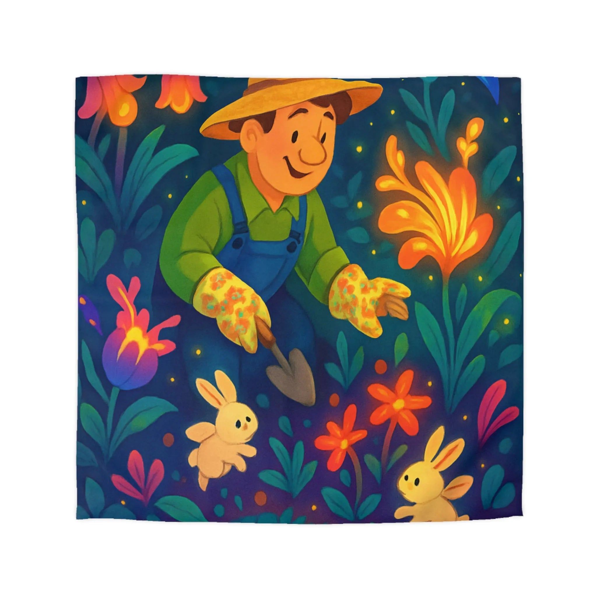 Découvrez la magie au jardin nocturne avec lapins et fleur de nénuphar lumineuse