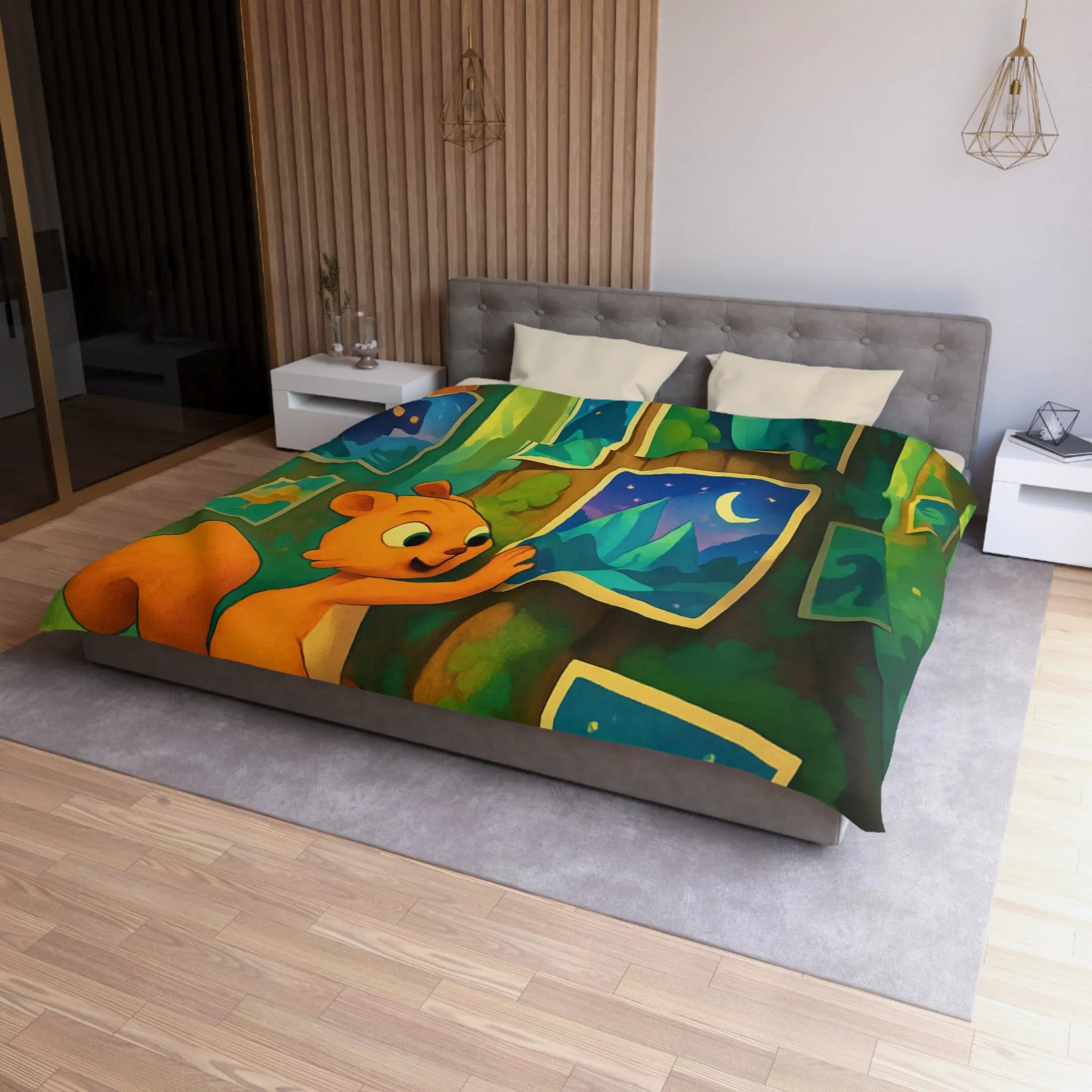 Housse de Couette Enchantée avec Écureuil et Tableaux Nocturnes pour Chambre d'Enfant