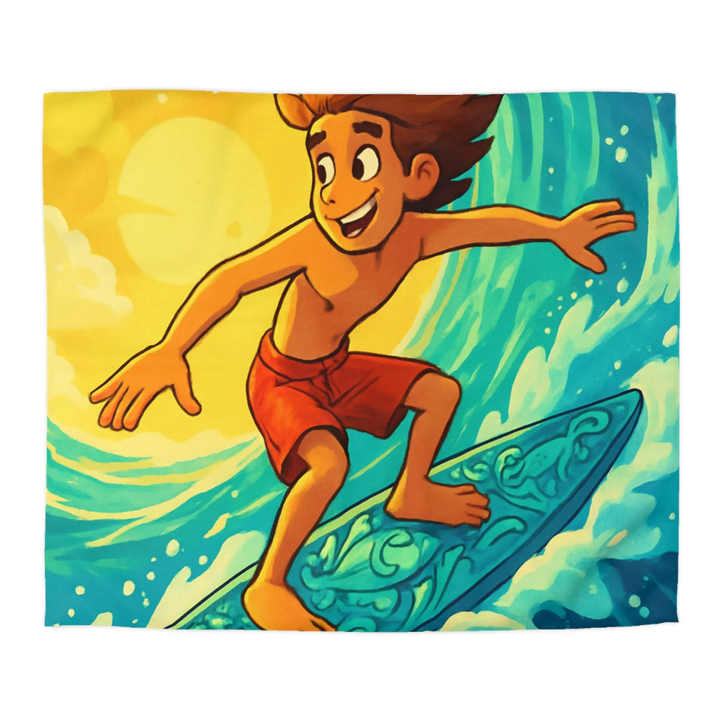 Enfant vibrant surfe sur vague turquoise sous ciel jaune vif artistique et joyeux