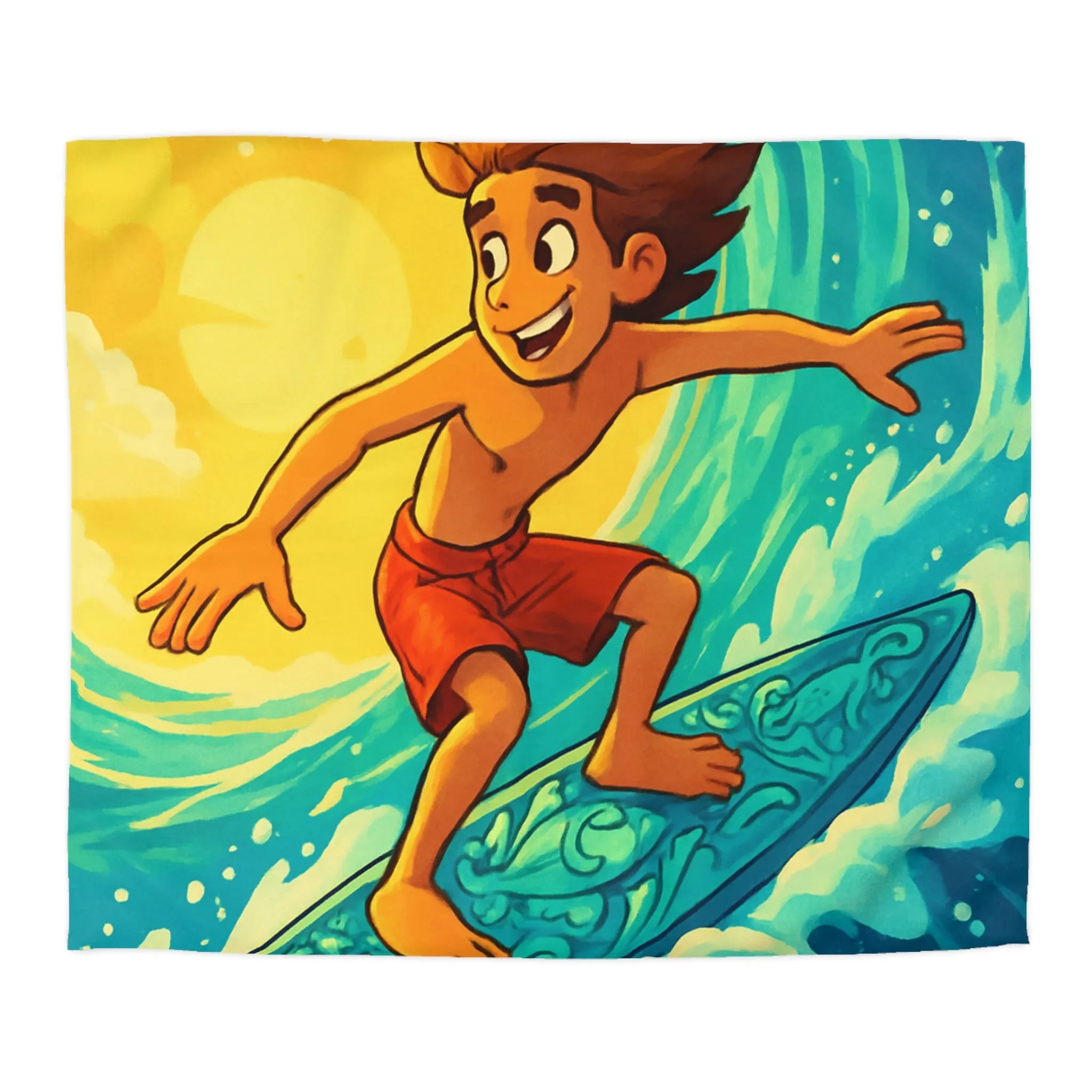 Enfant vibrant surfe sur vague turquoise sous ciel jaune vif artistique et joyeux