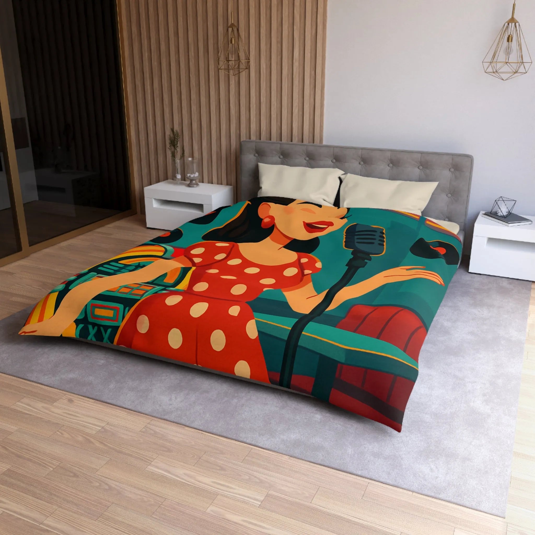 Élégante housse de couette rétro vintage style diner avec chanteuse et disques vinyles colorés