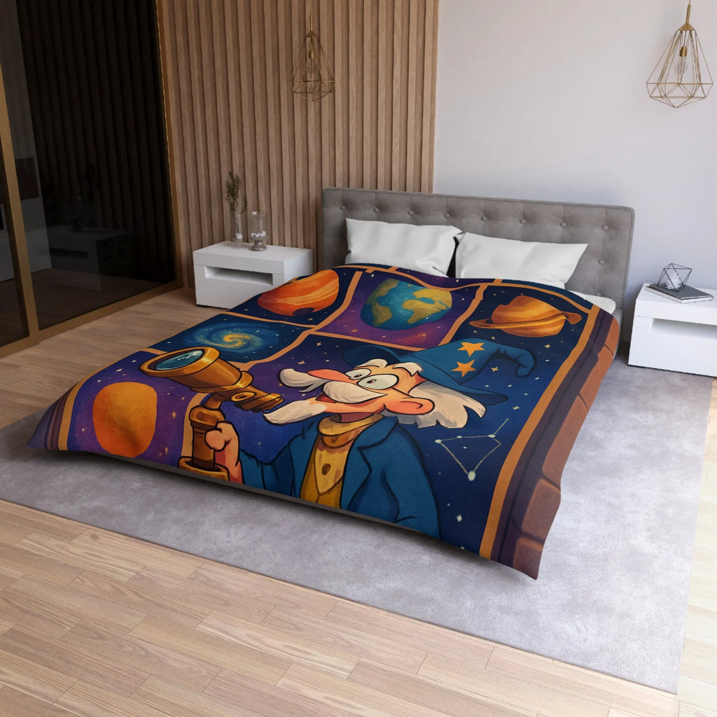 Housse de couette colorée avec astronome et planètes pour chambre d'enfant magique
