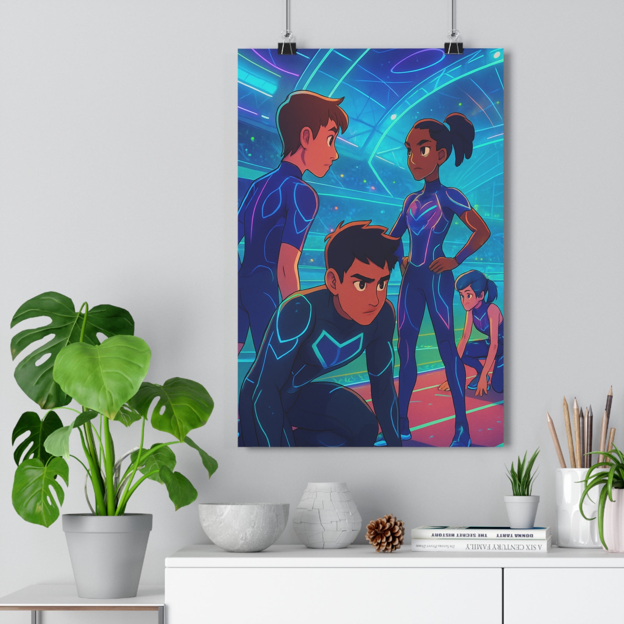 Poster décoratif futuriste néon bleu violet animé dynamique sport chambre bureau 30x46 vibrant athlètes