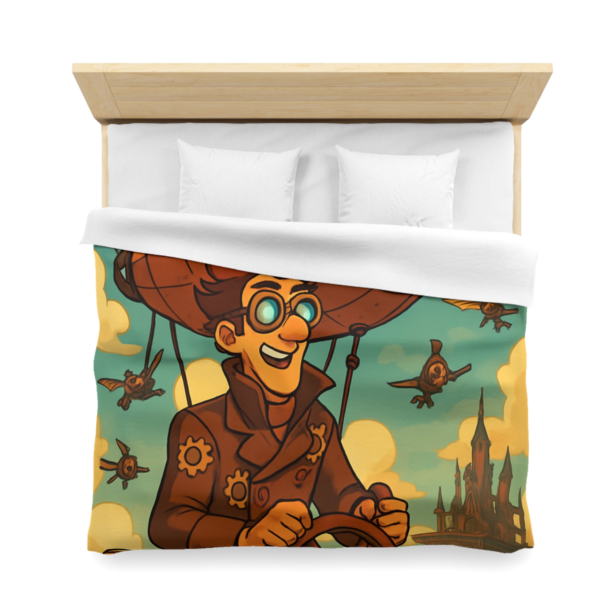 Housse de Couette Steampunk avec Ballon Dirigeable et Cité Volante dans le Ciel