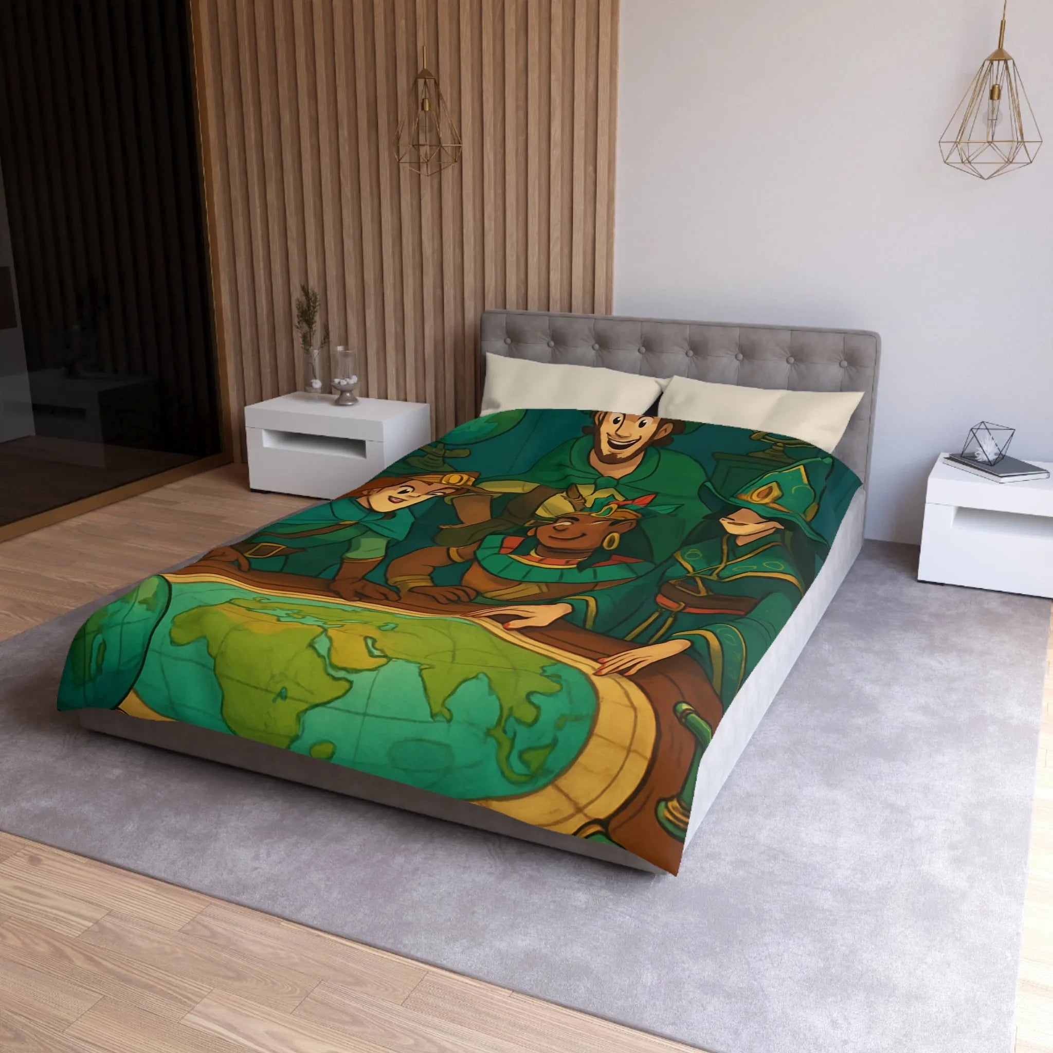 Housse de couette aventuriers explorateurs carte monde globe chapeaux costumes colorés ambiance ludique
