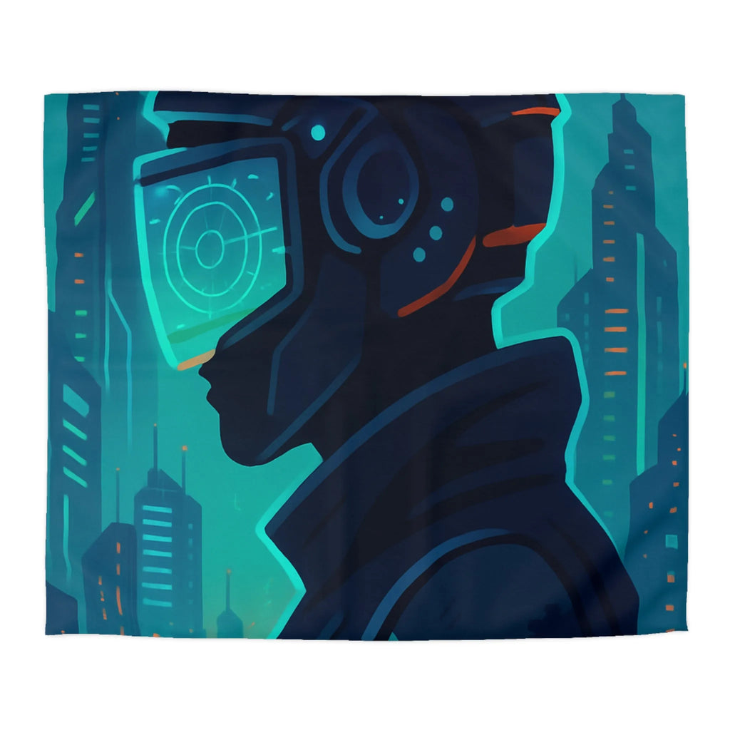 Housse de couette futuriste avec casque de réalité virtuelle et gratte-ciels lumineux