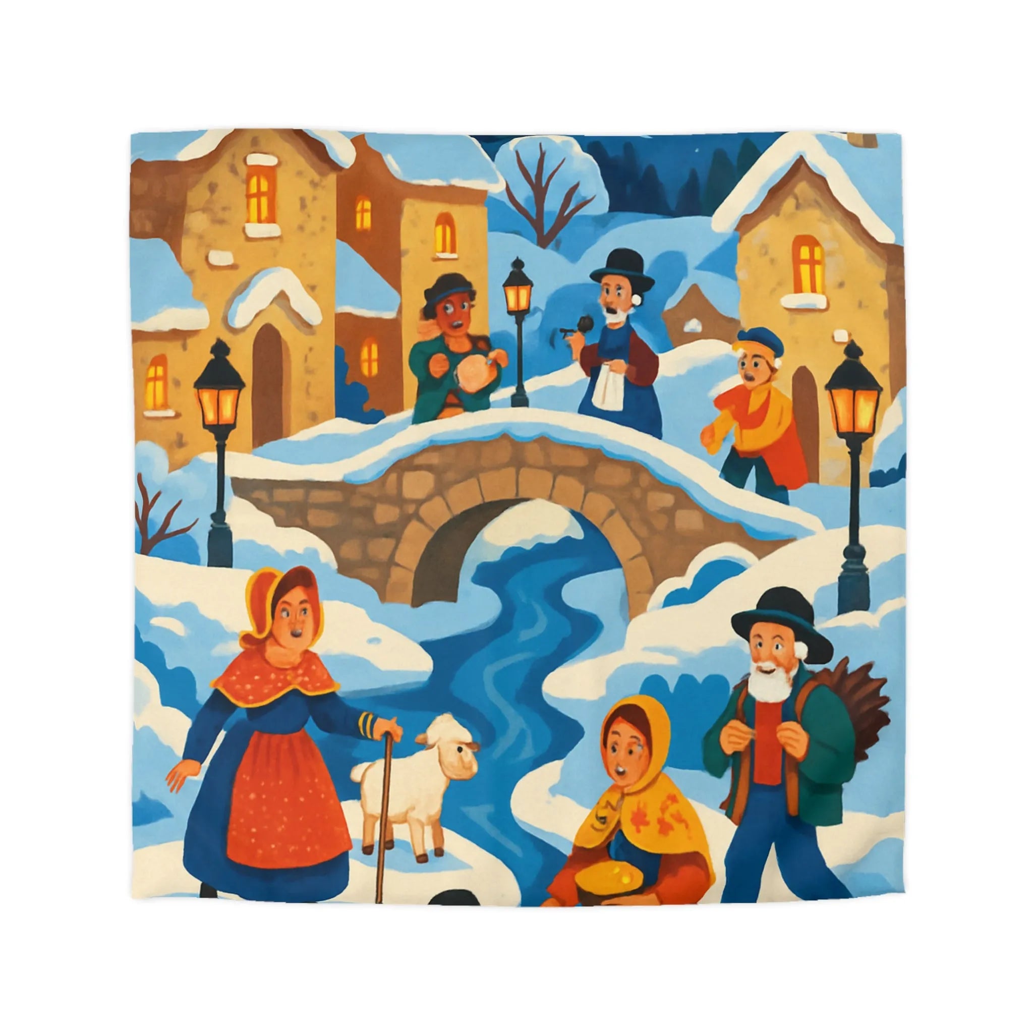 Housse de Couette Hiver Éclatant avec Village, Montagne et Scène Pastorale