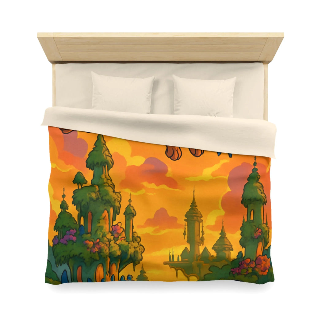 Housse de couette magique avec créatures volantes et paysage fantastique au coucher du soleil