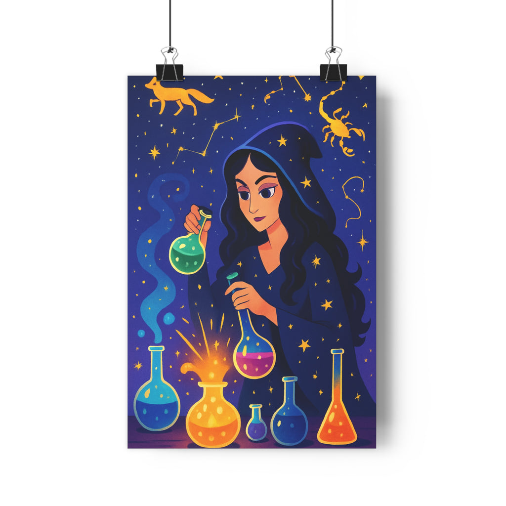 Poster décoratif magique mystique femme alchimiste constellation ciel étoilé bleu doré salon chambre ambiance
