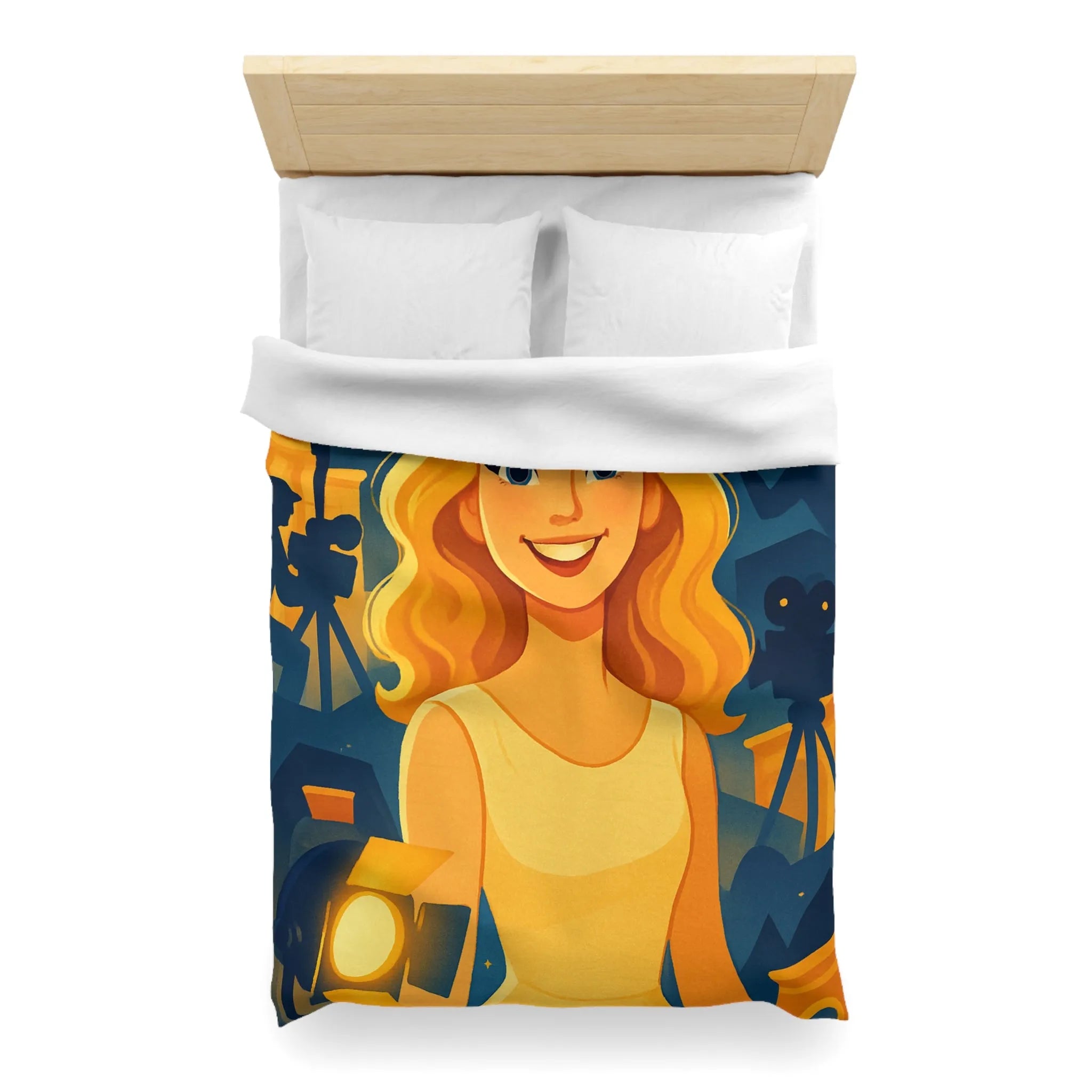 Housse de couette avec scène de tournage glamour et personnages stylisés illuminés