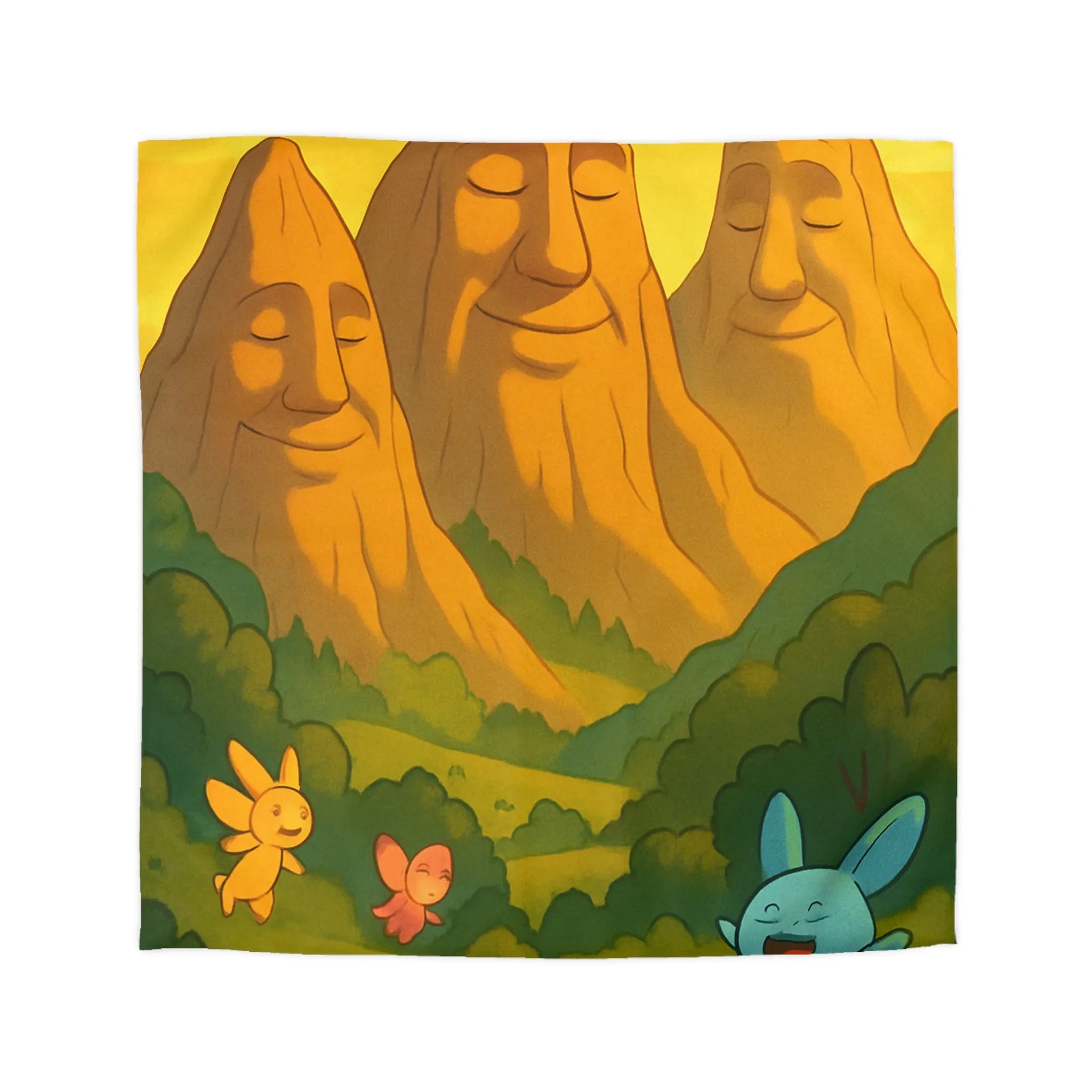 Housse de couette enfantine avec créatures en forêt sous montagnes souriantes au coucher de soleil