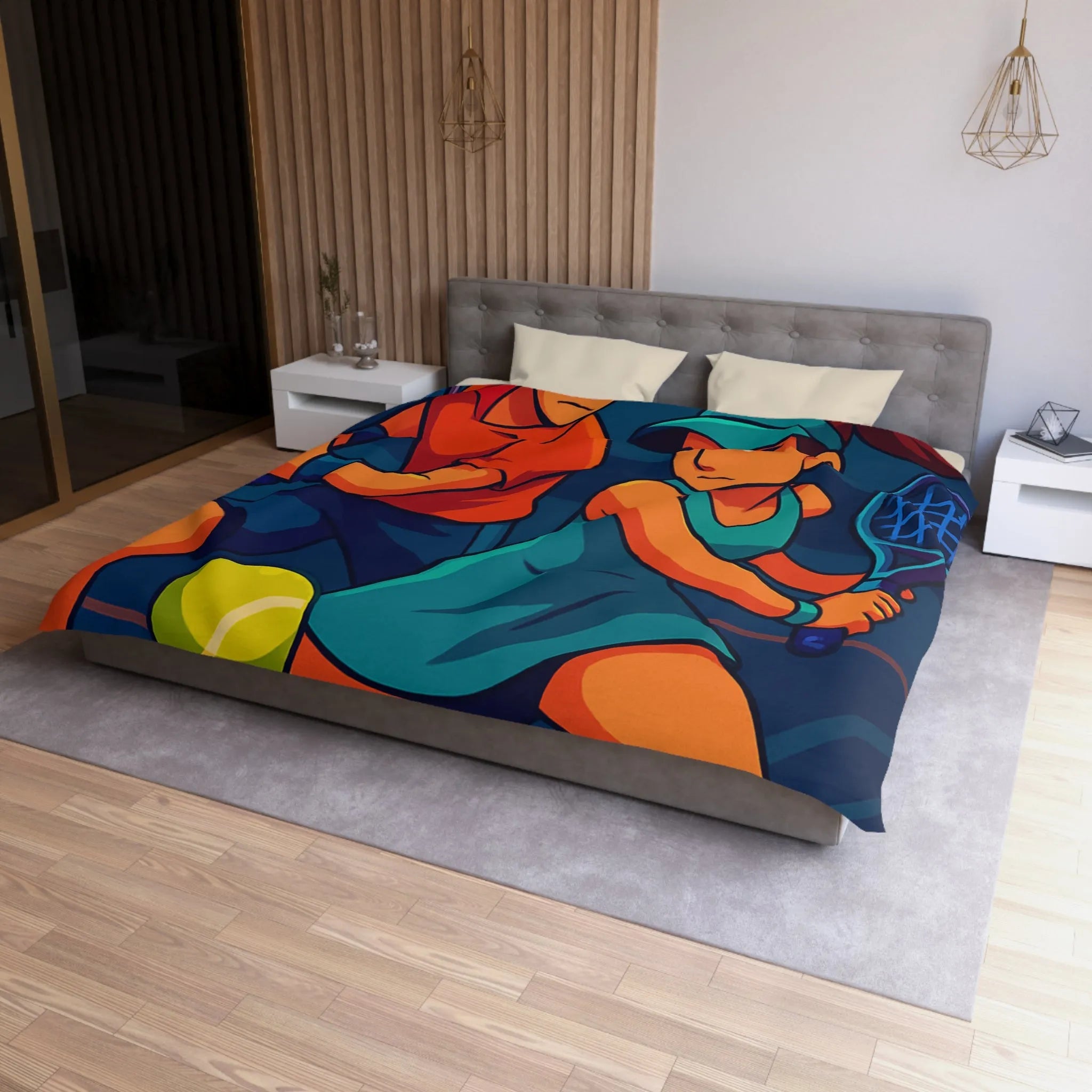 Housse de couette dynamique avec joueurs de tennis en style vectoriel coloré et moderne