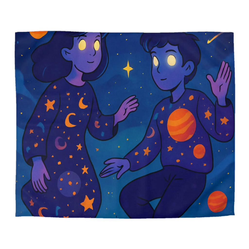 Housse de couette double galaxie avec enfants flottants et planètes lumineuses