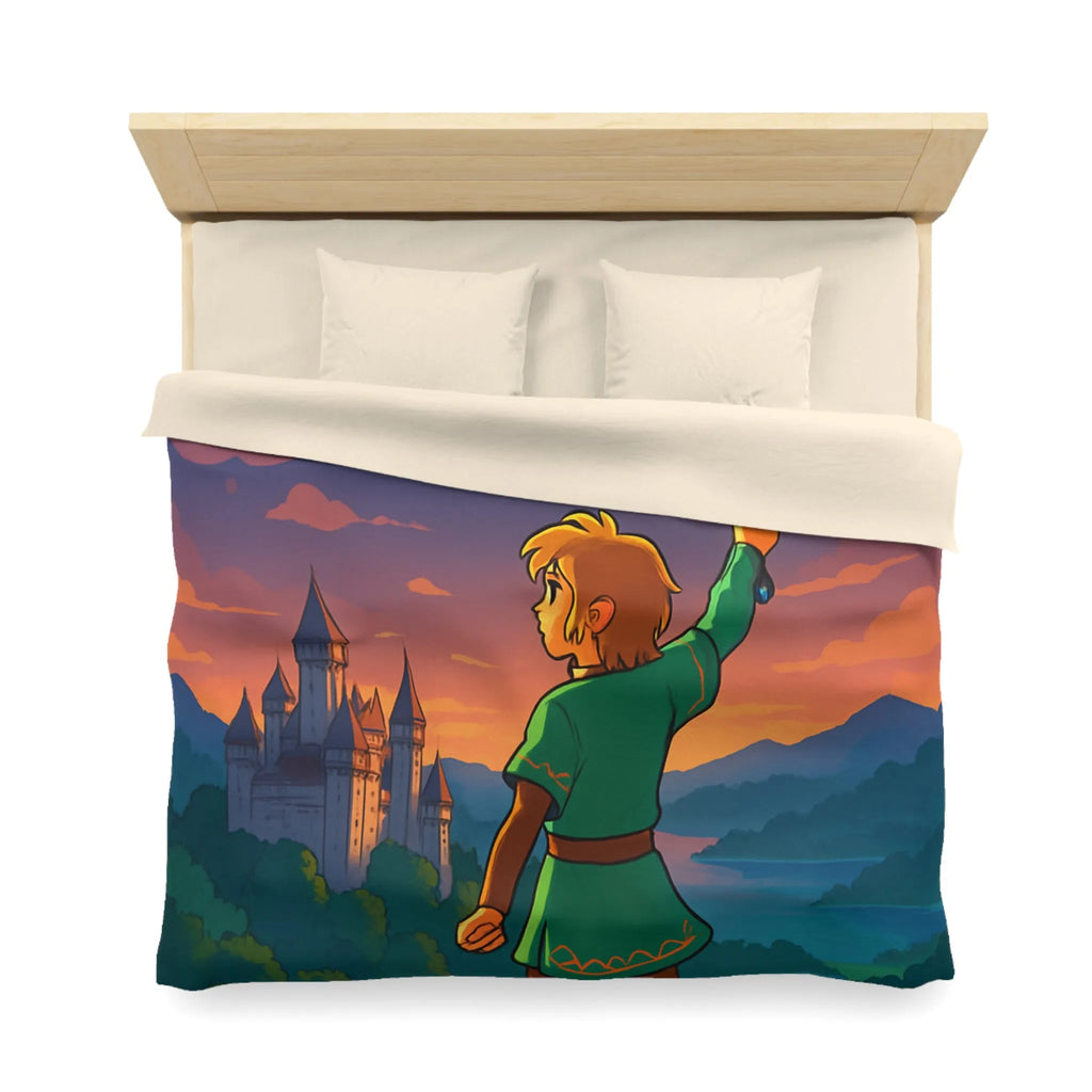 Housse de Couette Fantasy avec Épée, Château et Oiseau au Coucher de Soleil