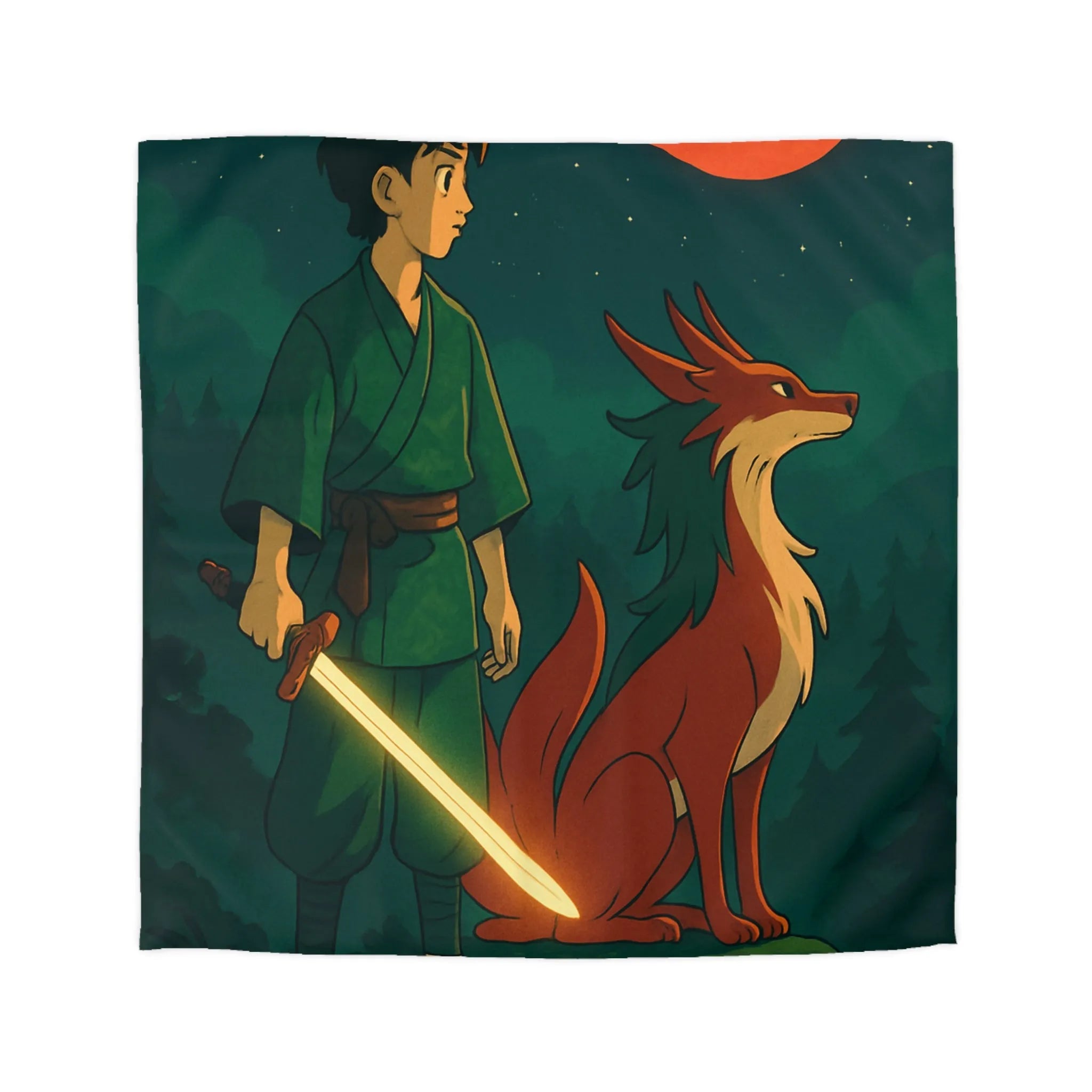 Housse de couette épique avec lune rouge, scène mystique et créature légendaire