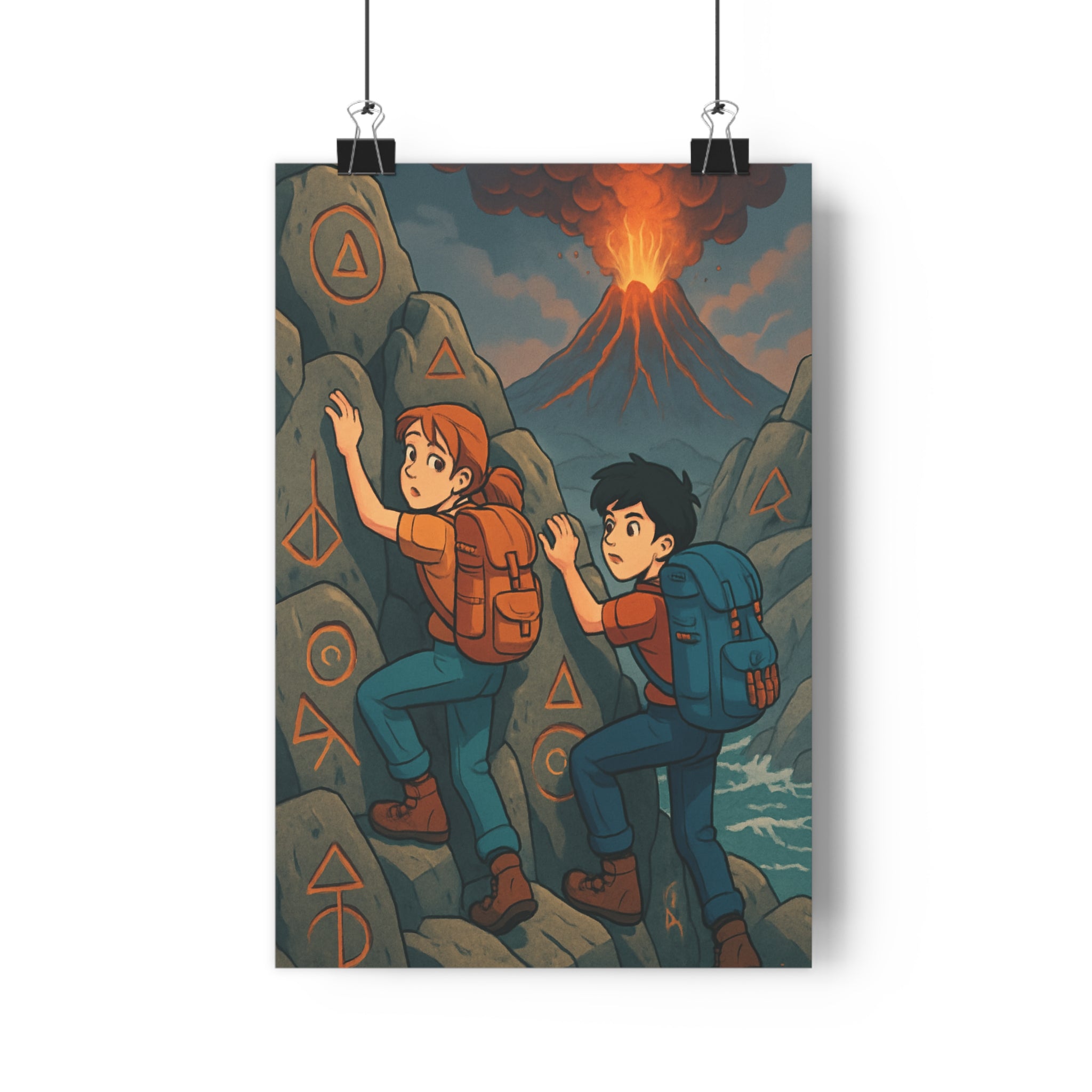 Poster décoratif grimpeurs aventure cartoon volcan rouge orange bleu mystique chambre dynamique mystérieux captivant