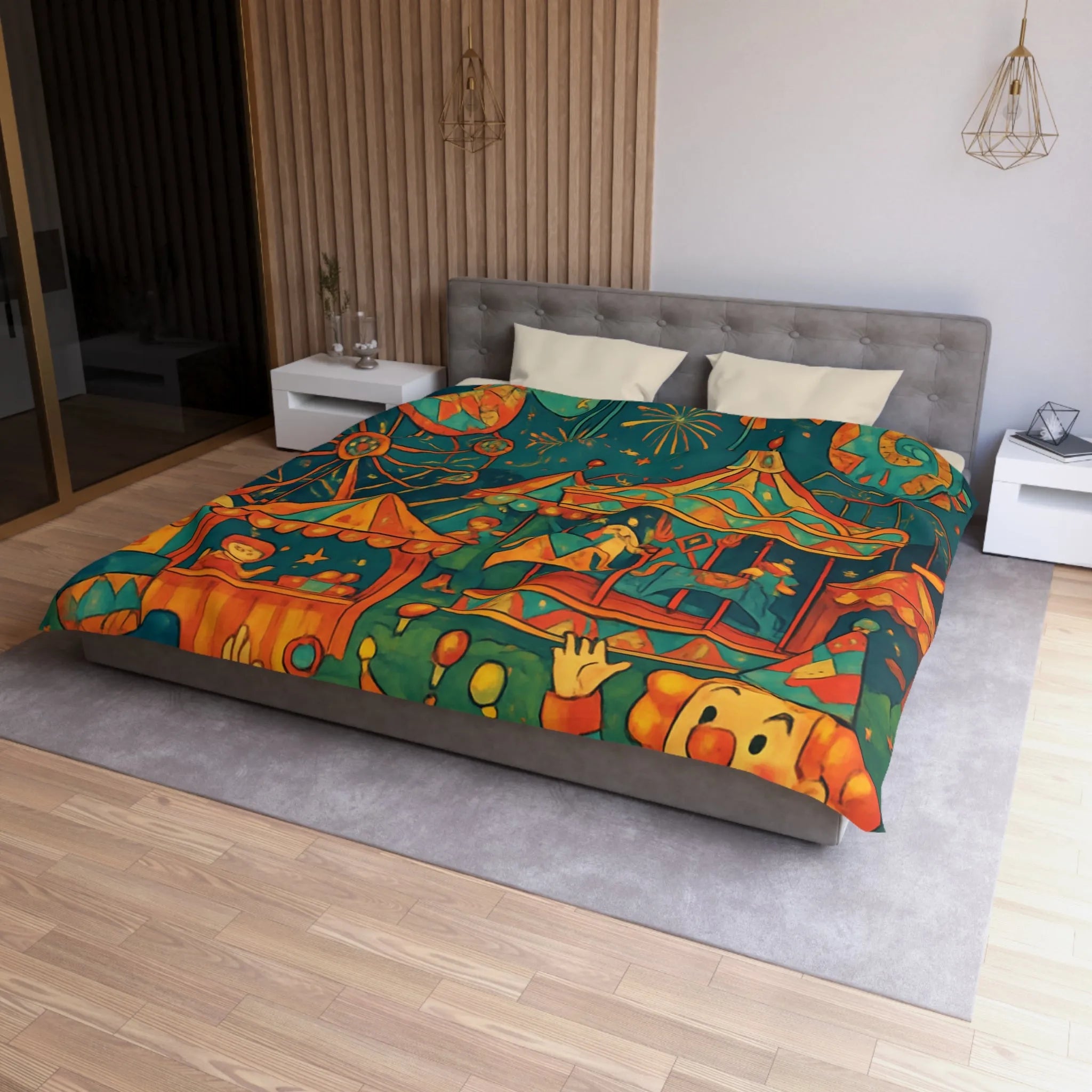 Housse de Couette Enfantine Colorée Fête Foraine avec Manège et Clowns Heureux