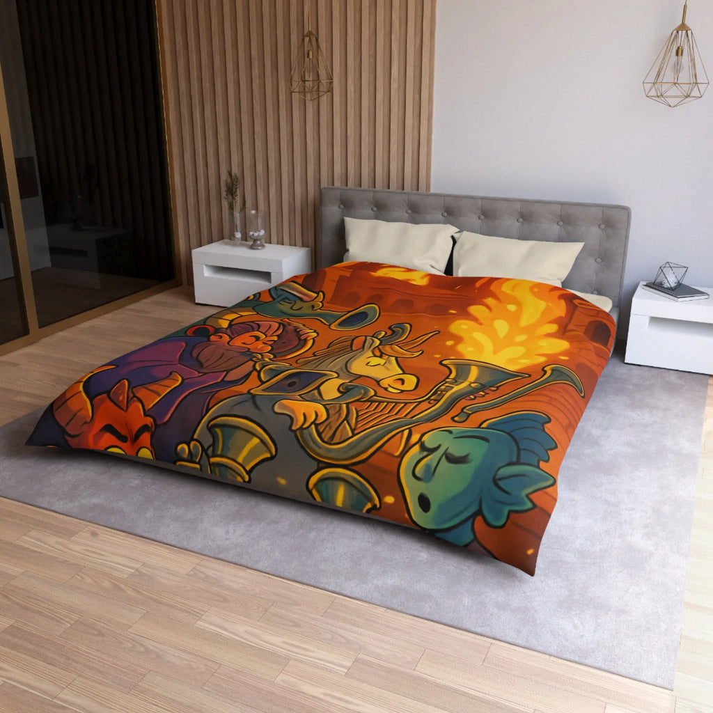 Housse de couette fantastique illustrée avec dragons, musiciens mythiques et couleurs flamboyantes