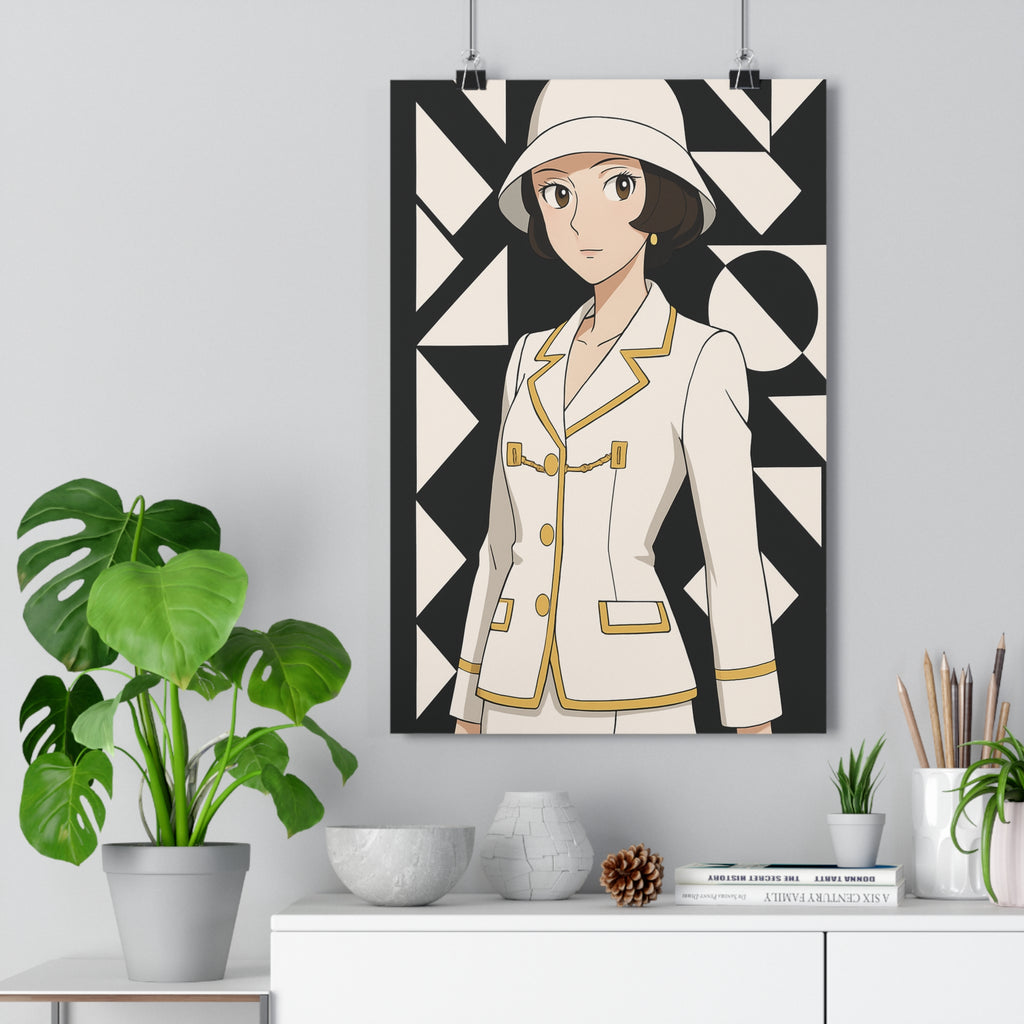 Poster décoratif anime femme moderne élégance blanche dorée géométrique salon chambre contemporaine sophistiquée qualité