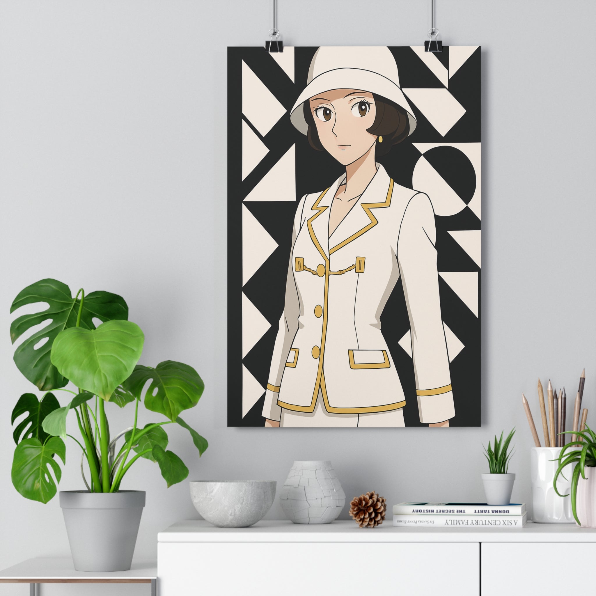 Poster décoratif anime femme moderne élégance blanche dorée géométrique salon chambre contemporaine sophistiquée qualité
