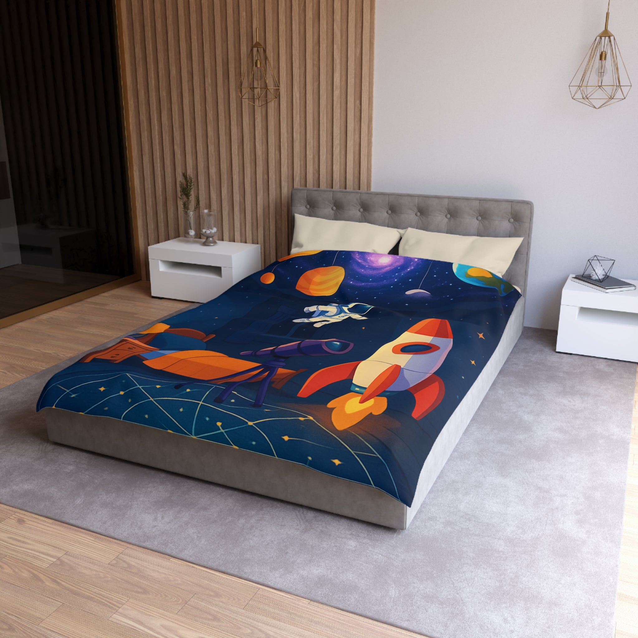 Housse de Couette Spatiale Enfant avec Astronaute Fusée et Planètes Colorées