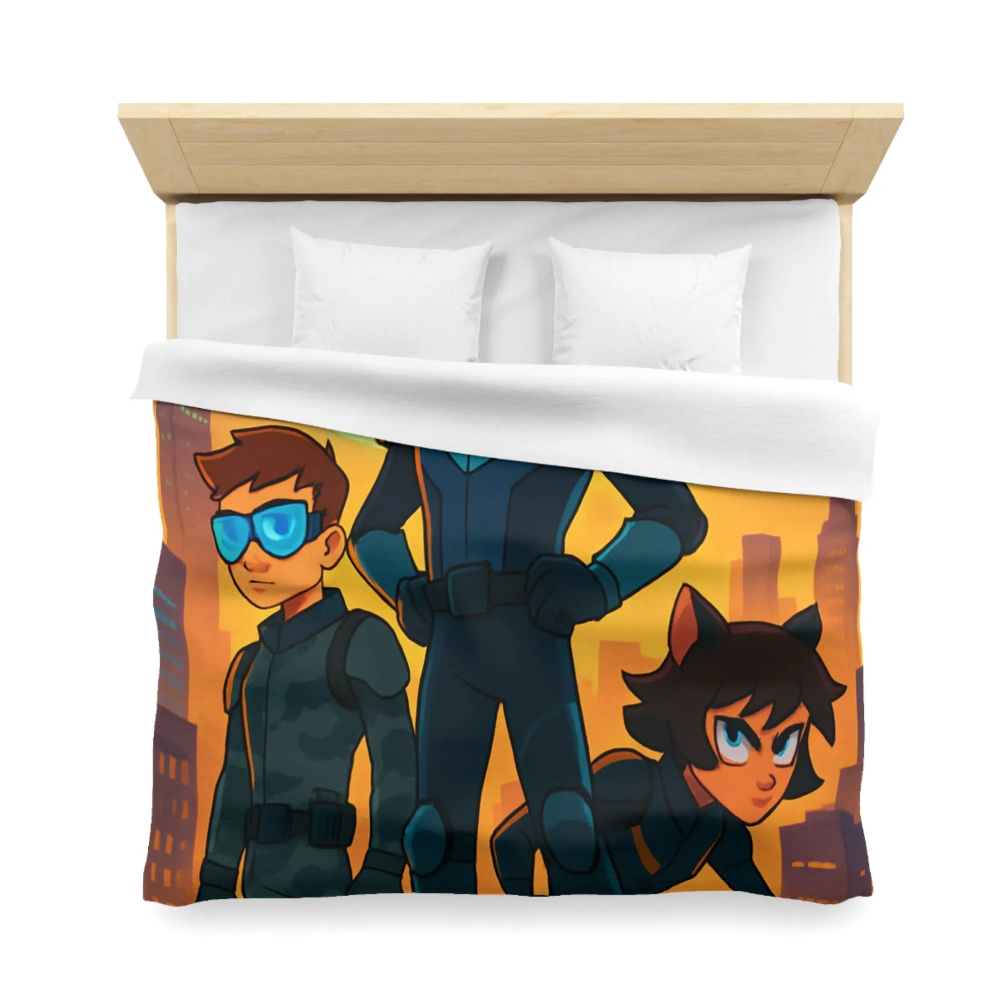 Ensemble d'aventure animé avec enfants héros sur fond urbain au crépuscule