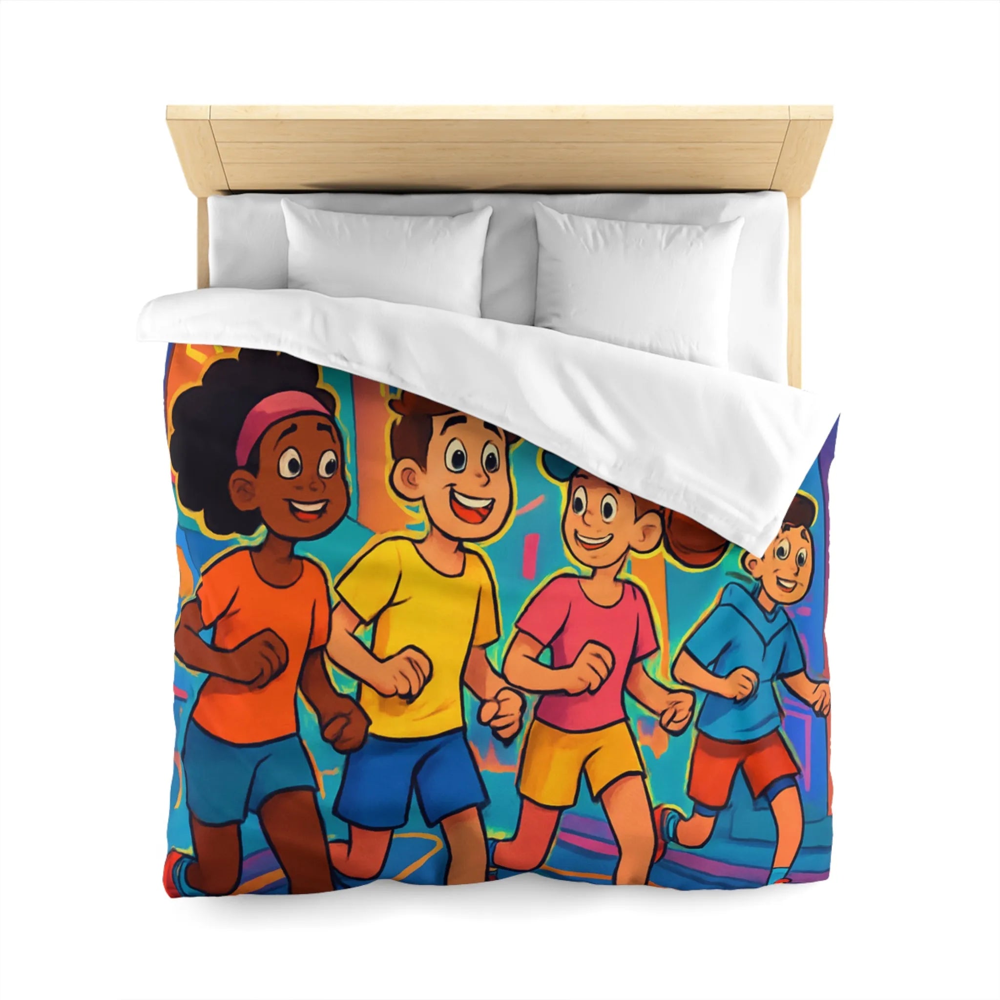 Ensemble d'enfants colorés courant en ville, illustration dynamique pour housse de couette vive