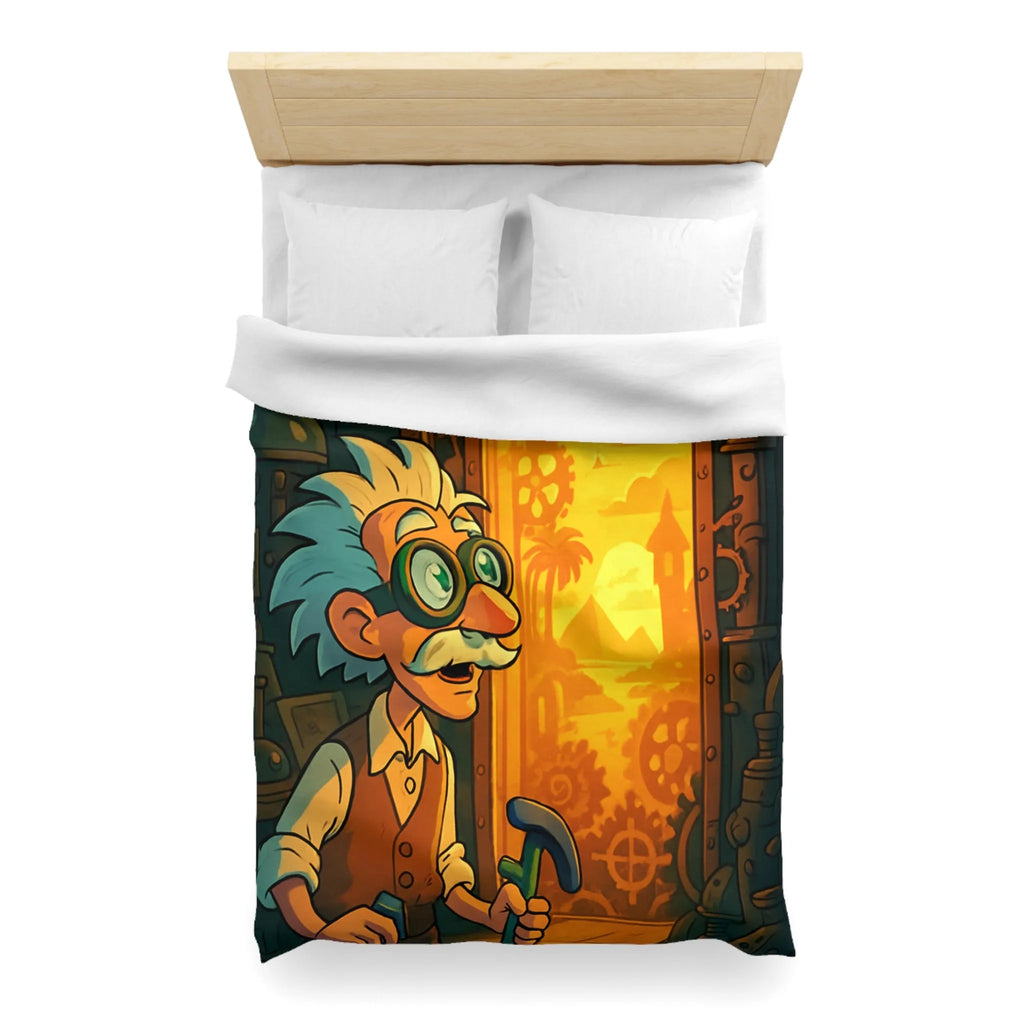 Housse de couette avec professeur inventeur et porte mystérieuse aux teintes orangées