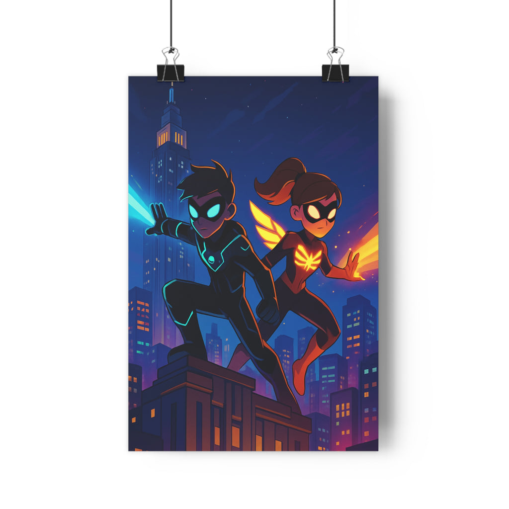 Poster décoratif moderne superhéros bleu orange futuriste dynamique chambre salon urbain néon aventure ambiance