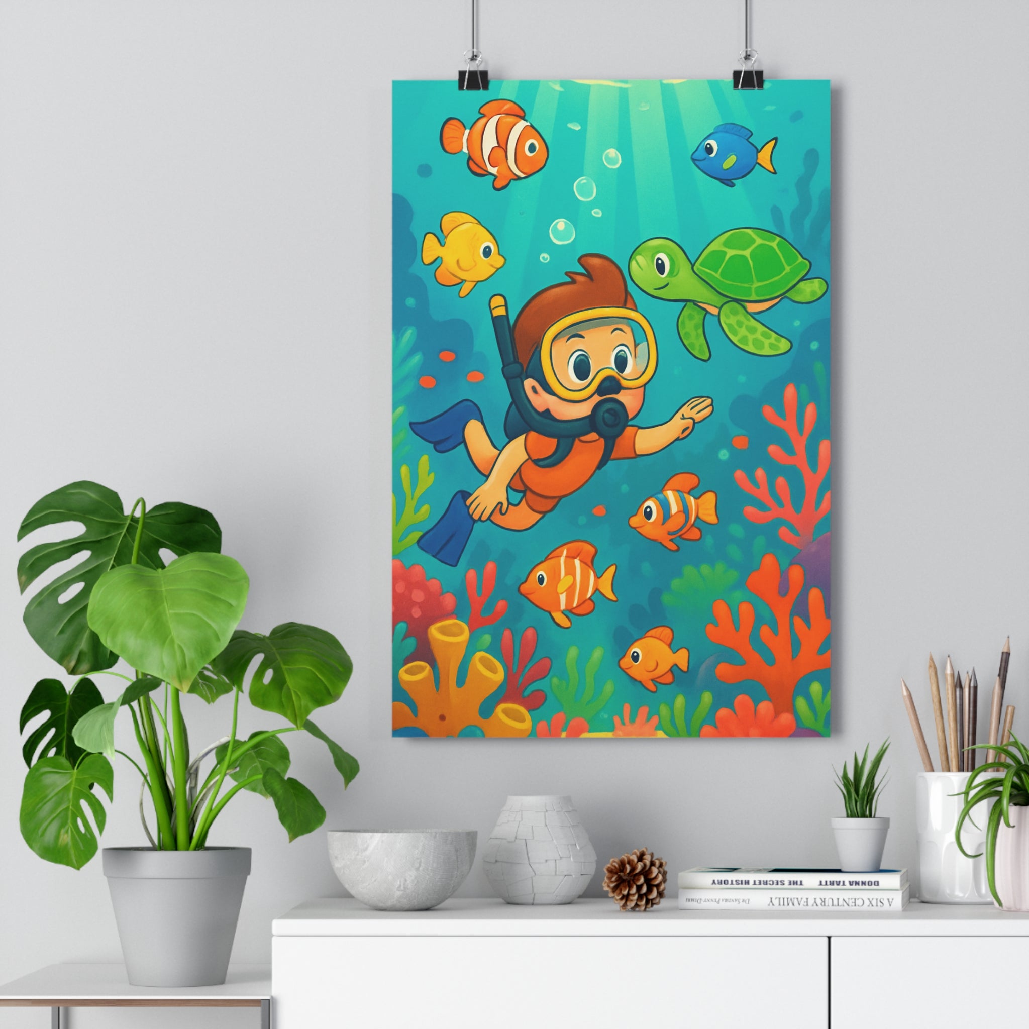Poster décoratif joyeux enfant aventure sousmarin bleu orange vert cartoon 30x46 chambre ludique vibrant