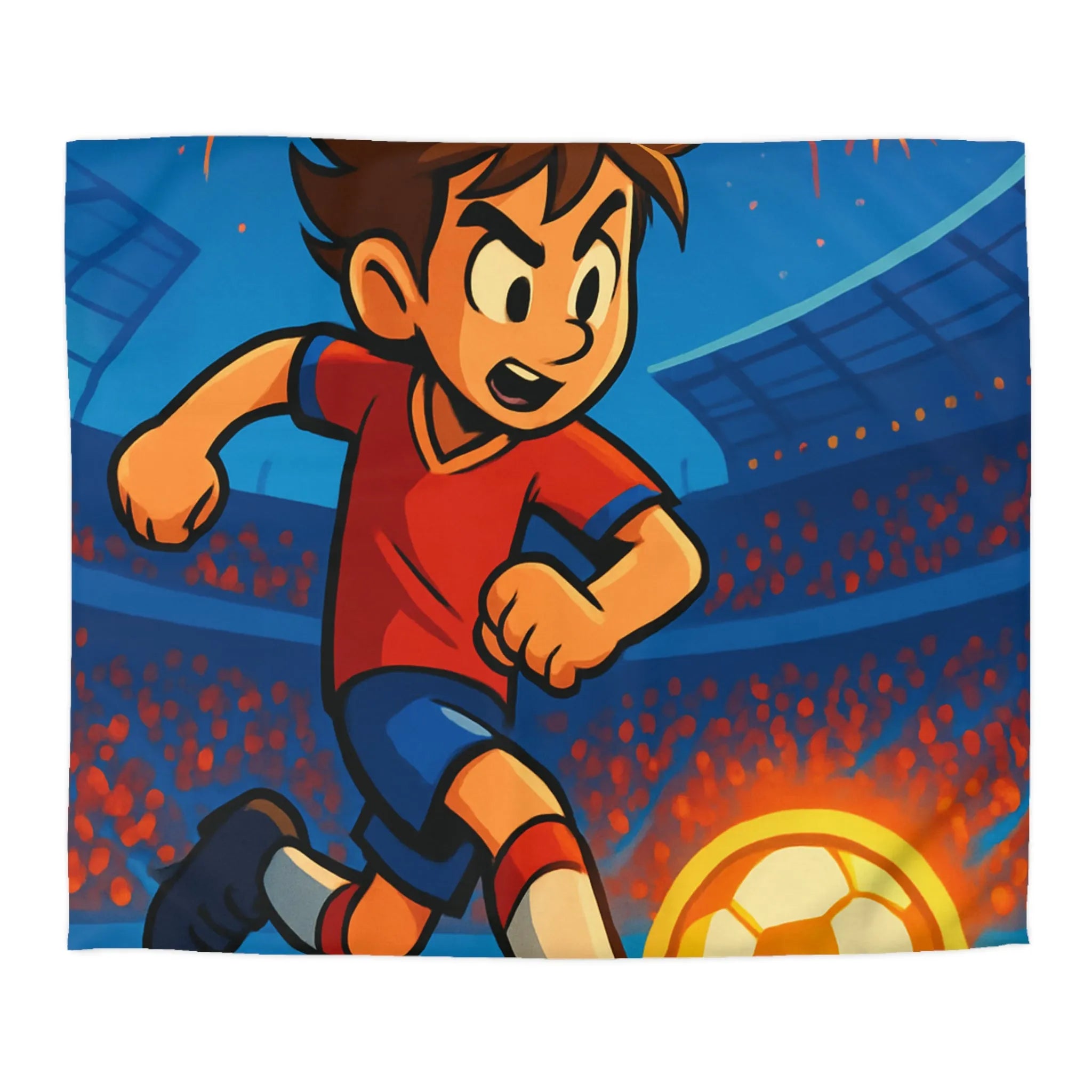 Housse de couette enfant, thème football, joueur dynamique, stade illuminé, feu d'artifice vibrant