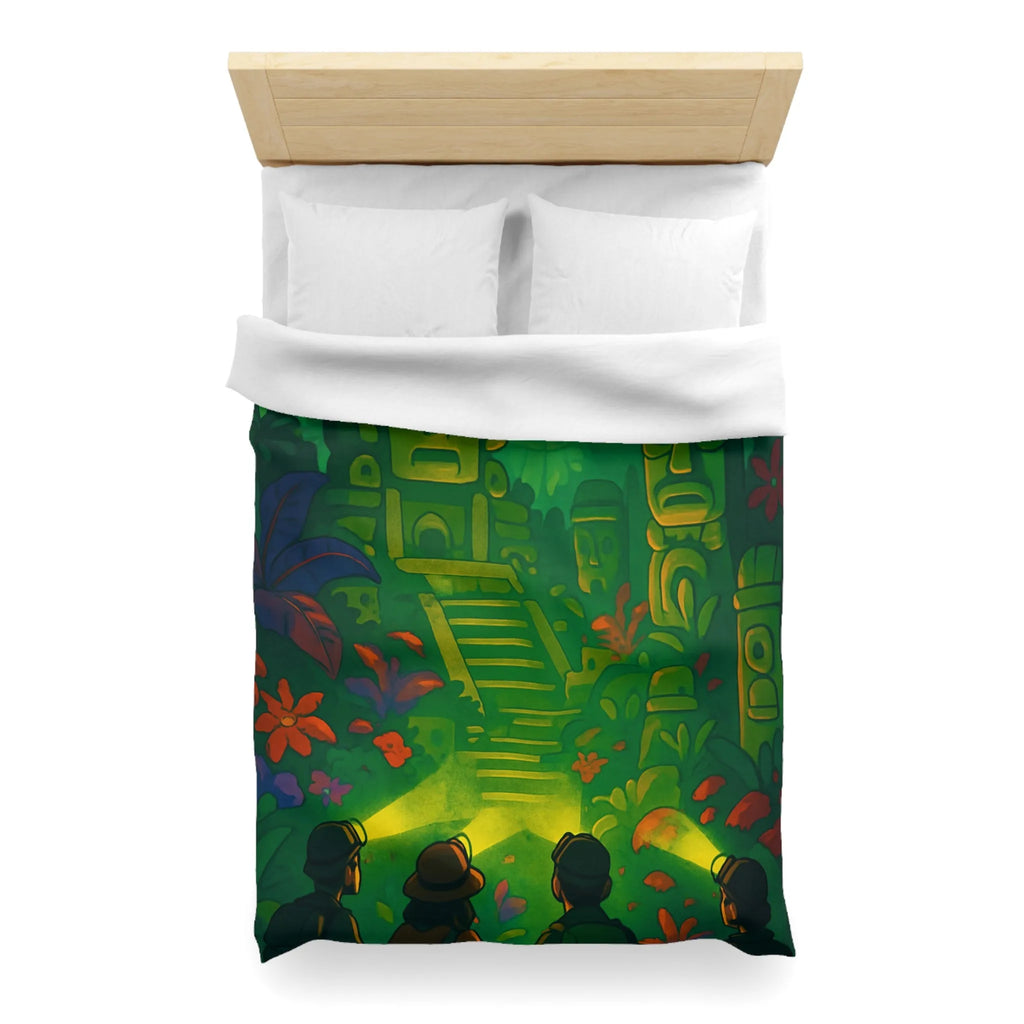 Housse de couette forêt tropicale avec statues anciennes, parfait pour les explorateurs nocturnes