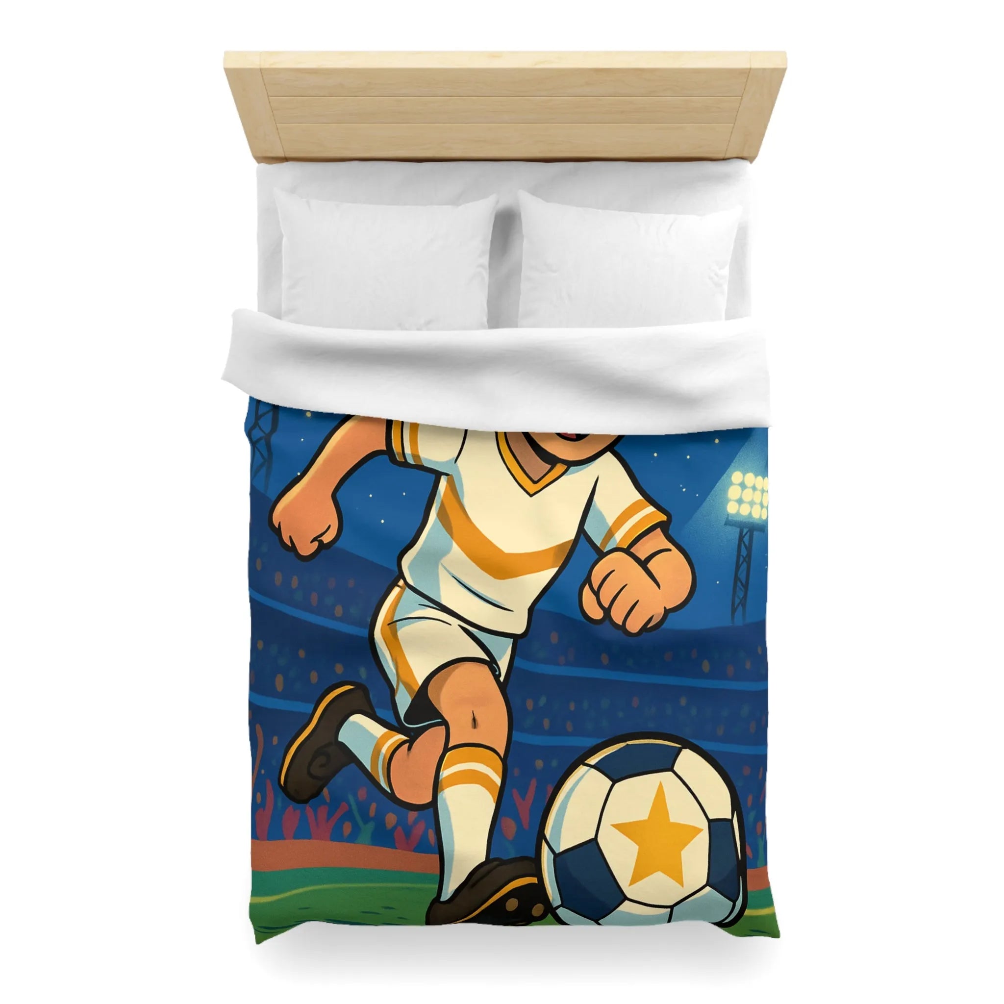 Housse de couette enfant avec joueur de foot stylisé sous ciel étoilé vibrant