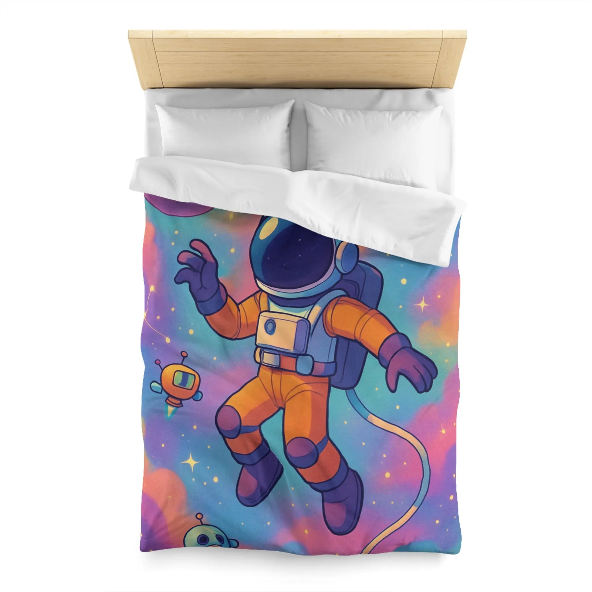 Housse de couette colorée spatiale avec astronaute, planètes et robots ludiques pour enfants