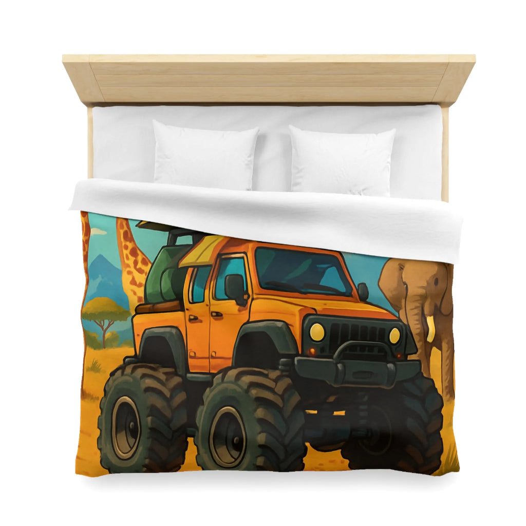 Housse de couette colorée avec véhicule tout-terrain et animaux dans la savane africaine