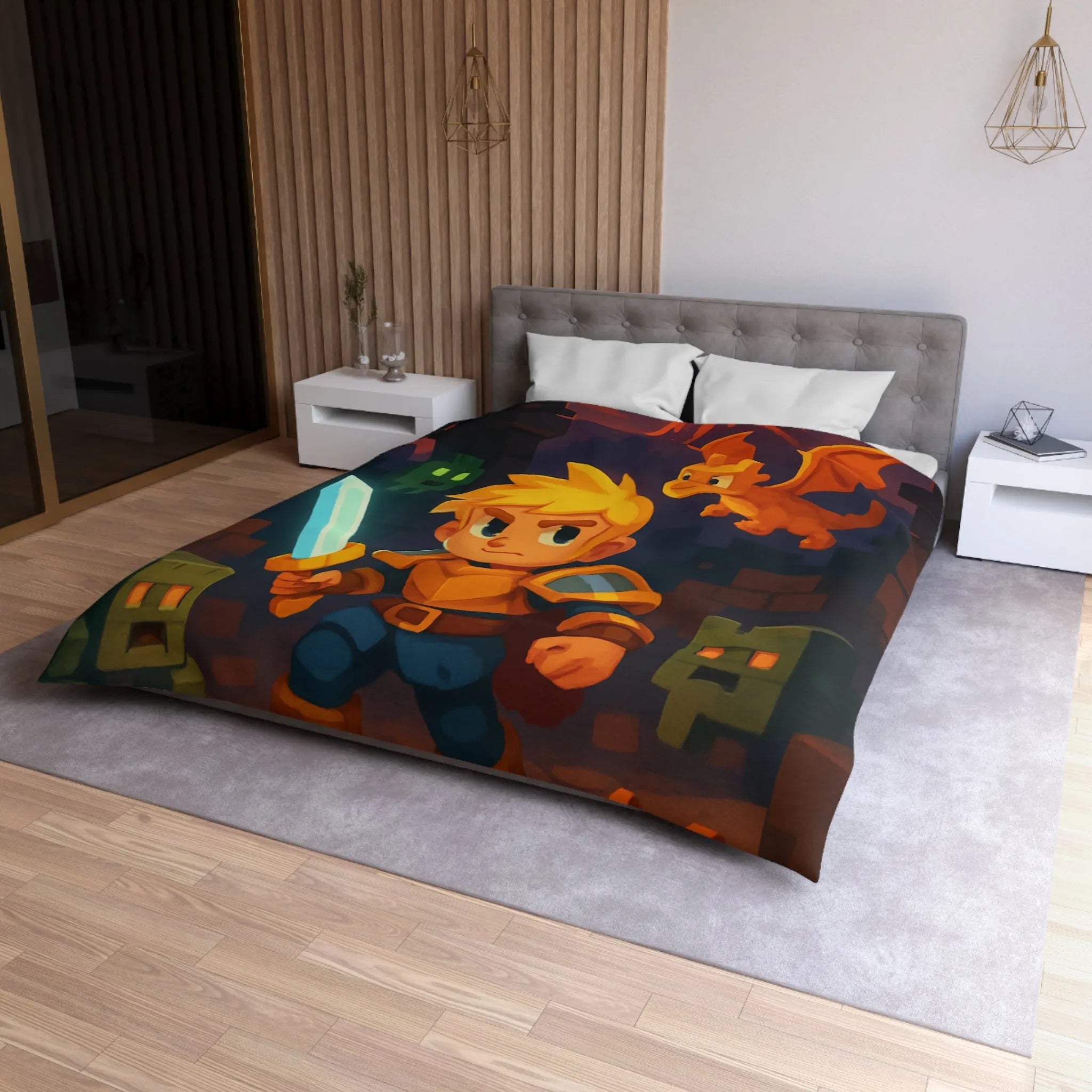 Housse de couette épique avec héros, dragon, volcan en feu et créatures cubiques