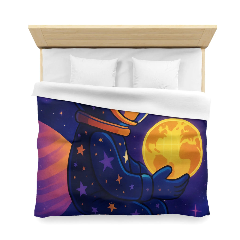 Housse de couette cosmos enfantine avec astronaute rêveur tenant une planète lumineuse