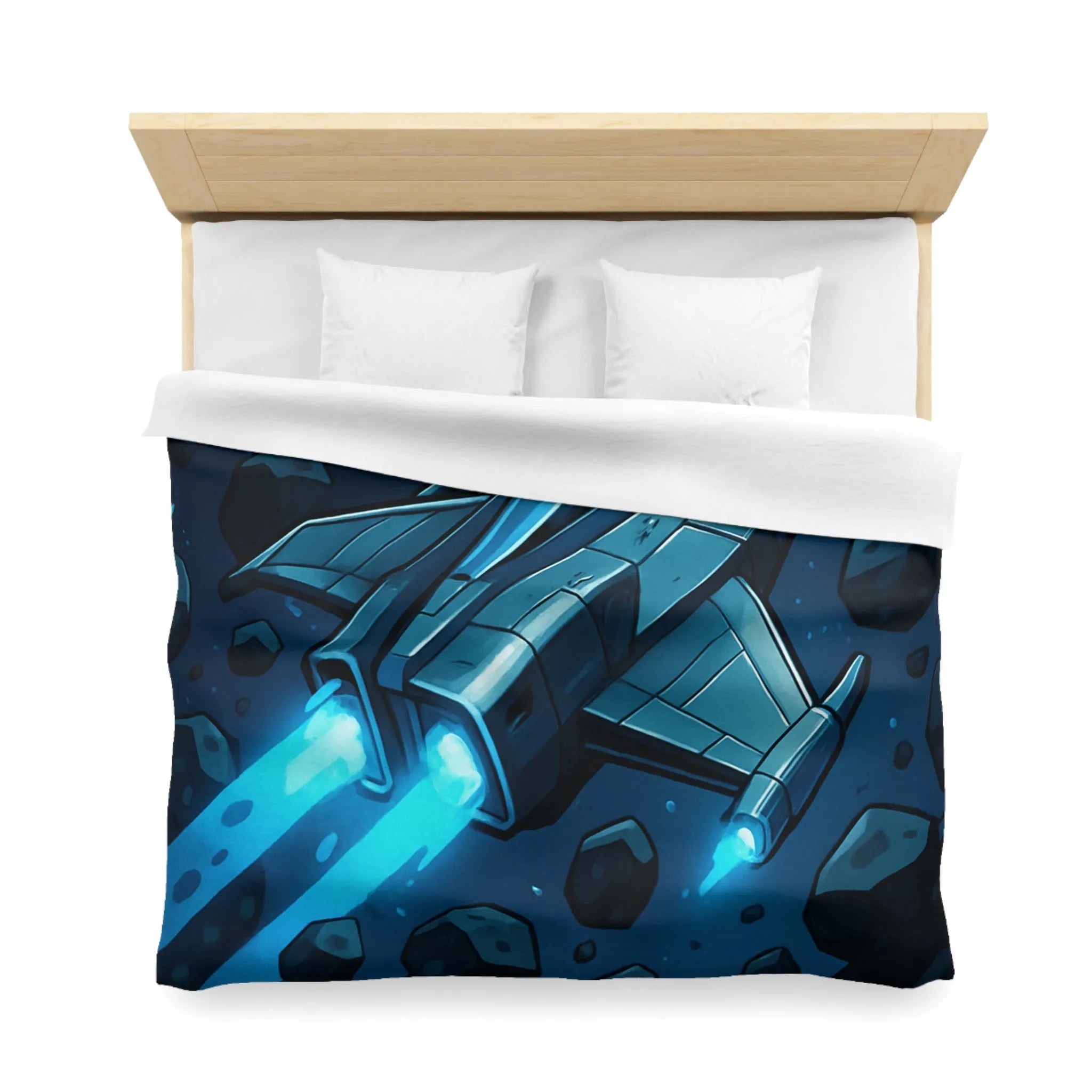 Housse de couette imprimée vaisseau spatial bleu voyageant à travers un champ d'astéroïdes