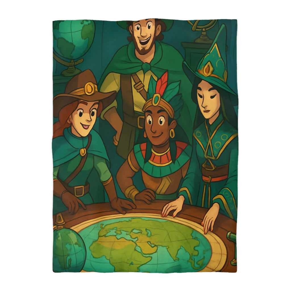 Housse de couette aventuriers explorateurs carte monde globe chapeaux costumes colorés ambiance ludique