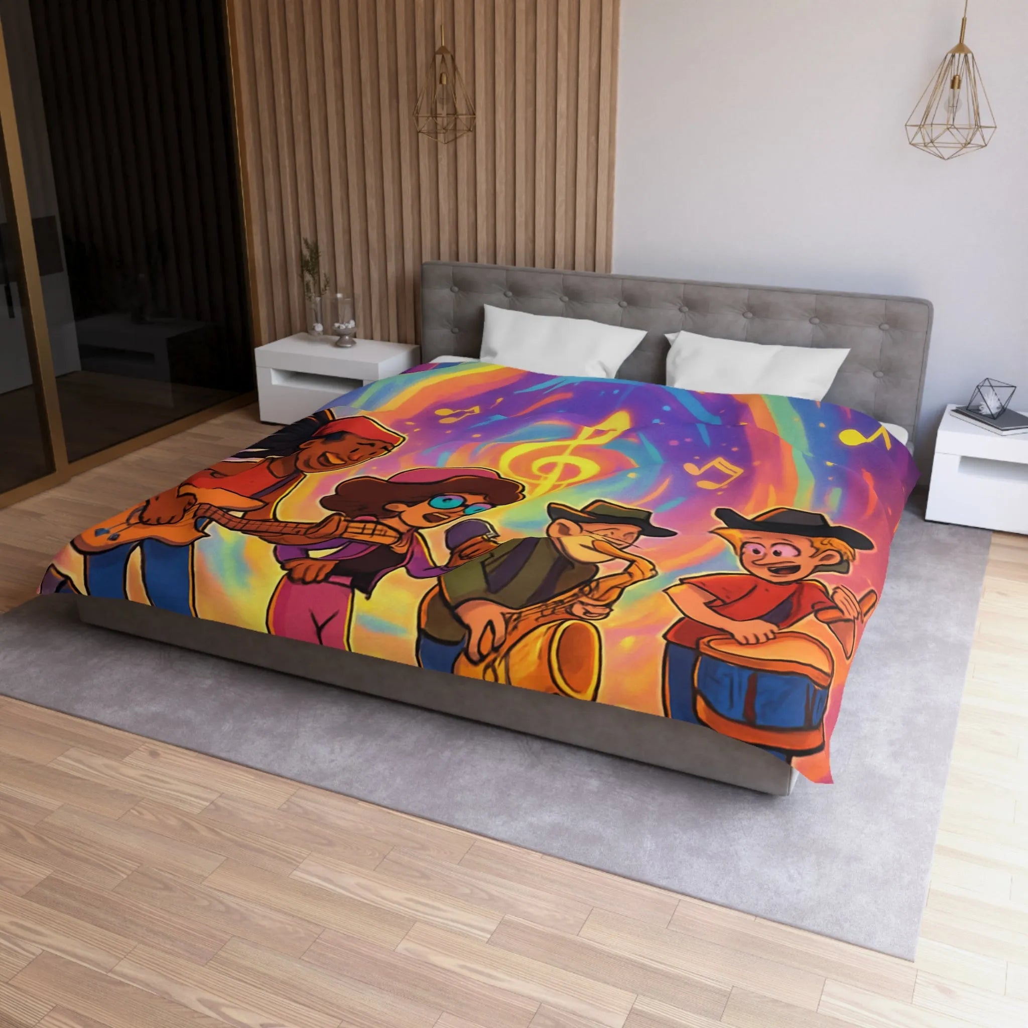 Housse de couette animée avec quatre musiciens et notes colorées en spirale lumineuse