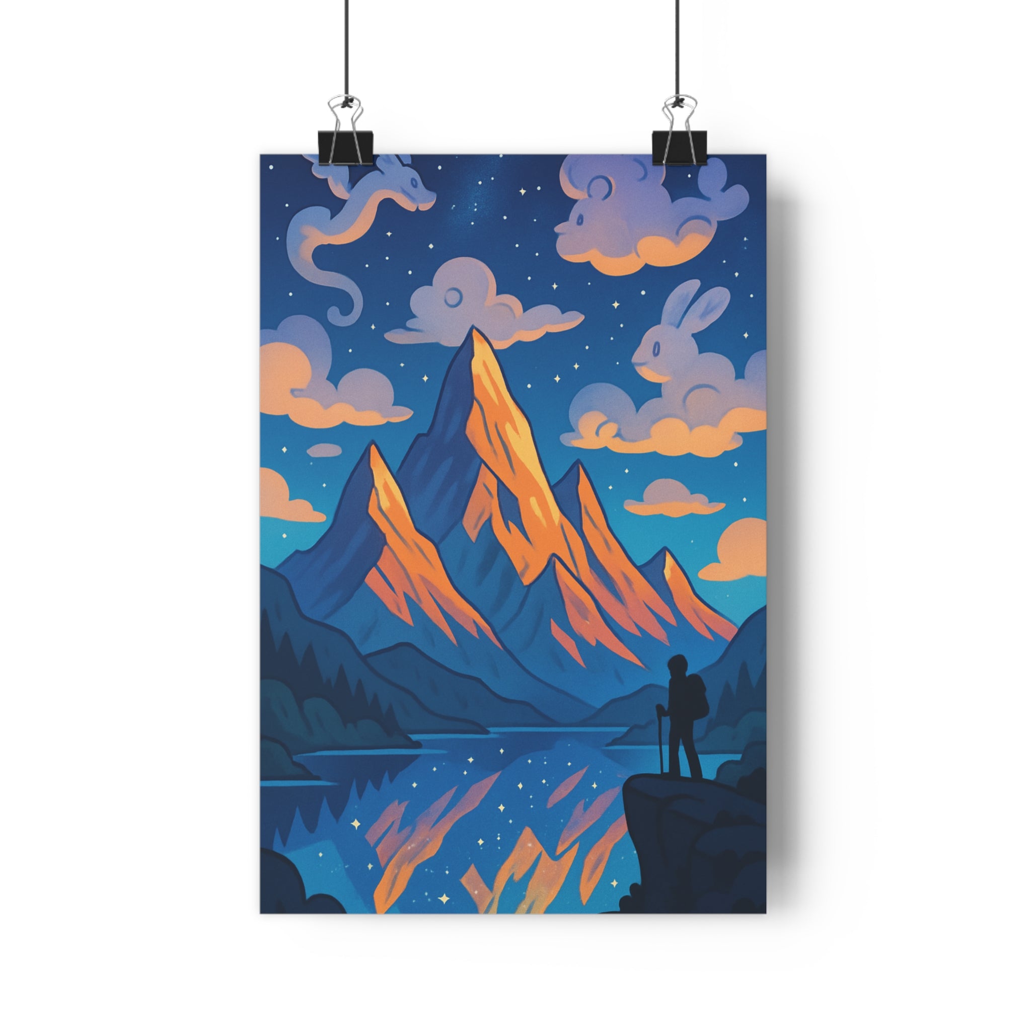 Poster décoratif anime bleu blanc paysage montagne ciel étoilé magique salon chambre sérénité 30