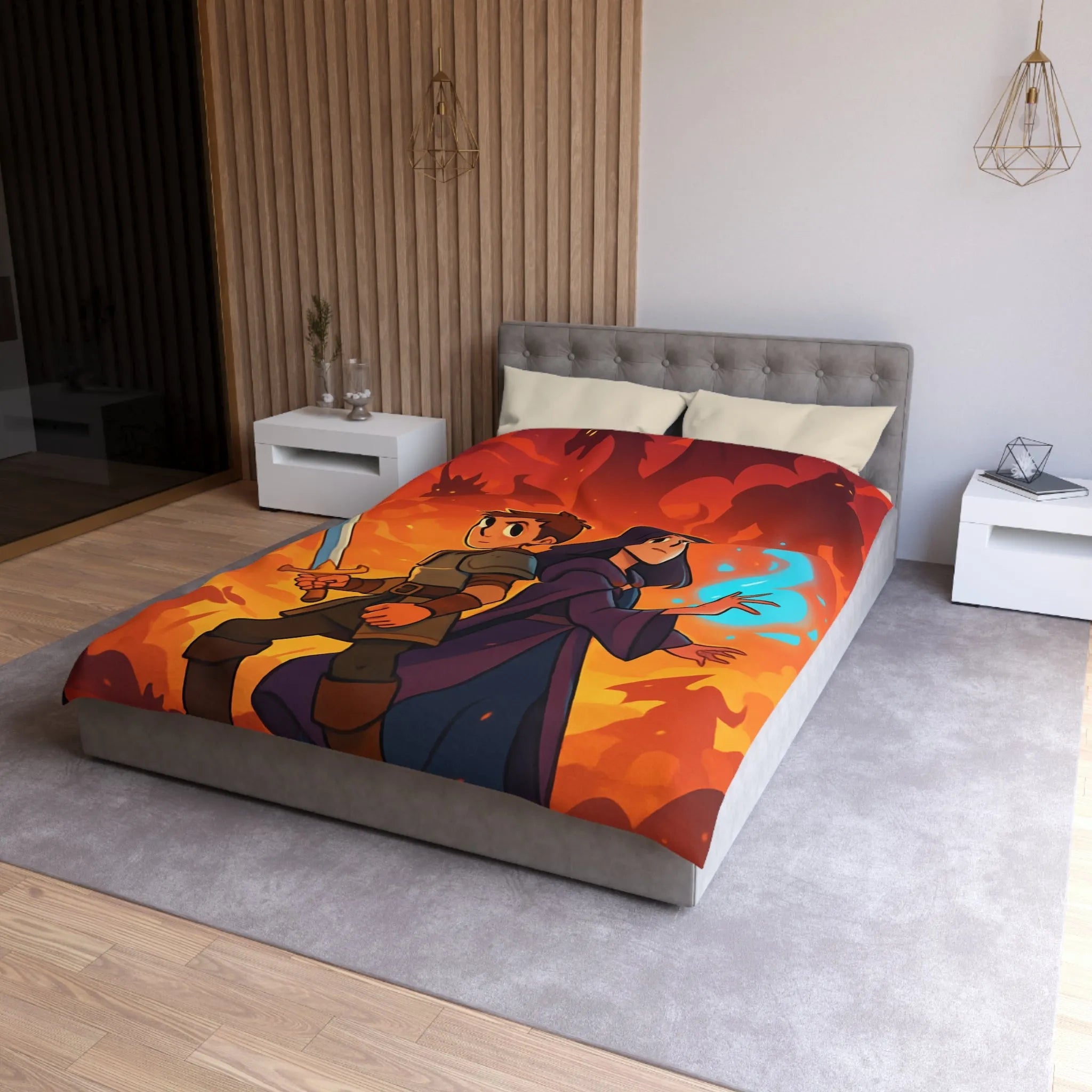Housse de couette épique, jeunes aventuriers et dragons incandescents en fantaisie captivante