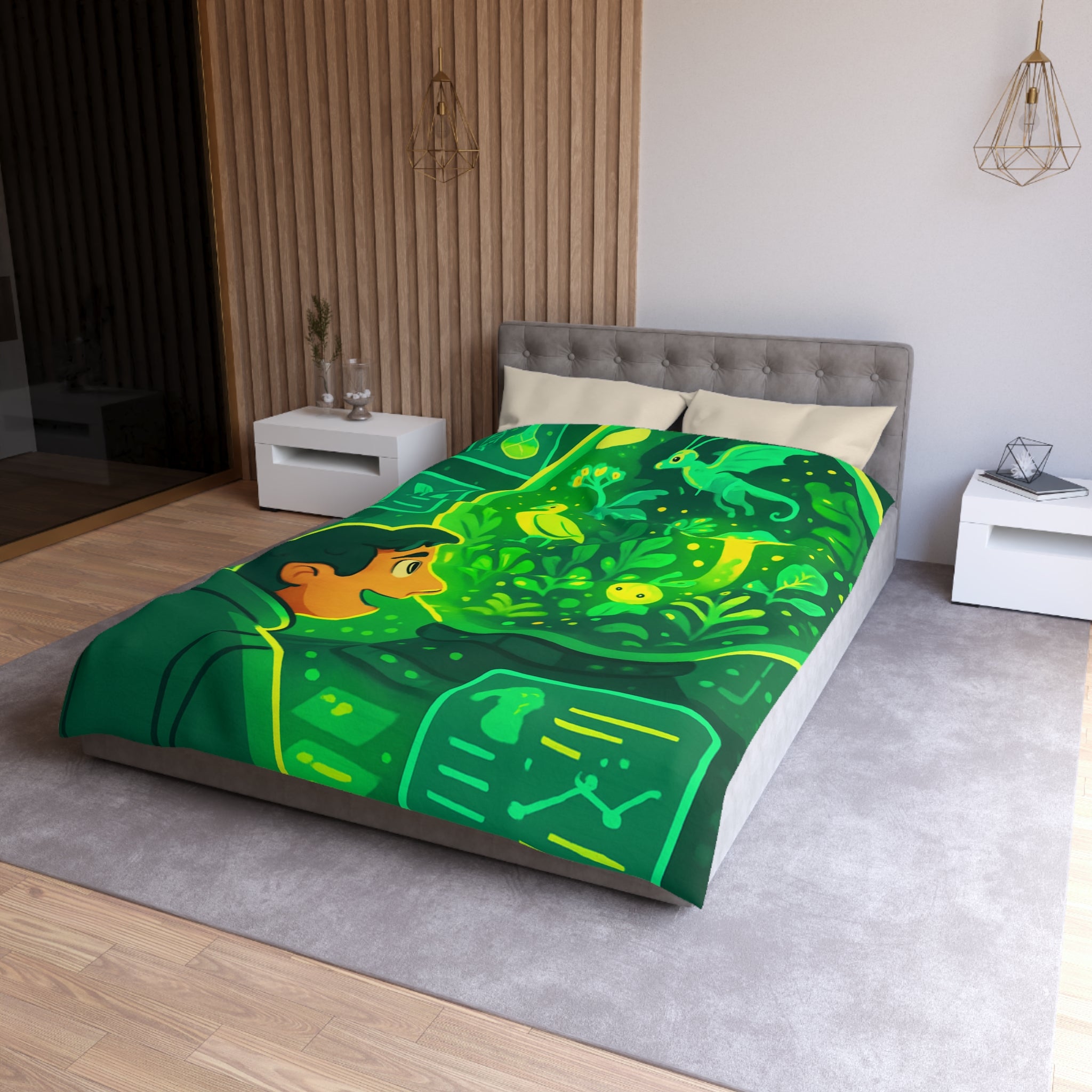 Housse de couette verte forêt magique avec créatures et éléments de laboratoire lumineux