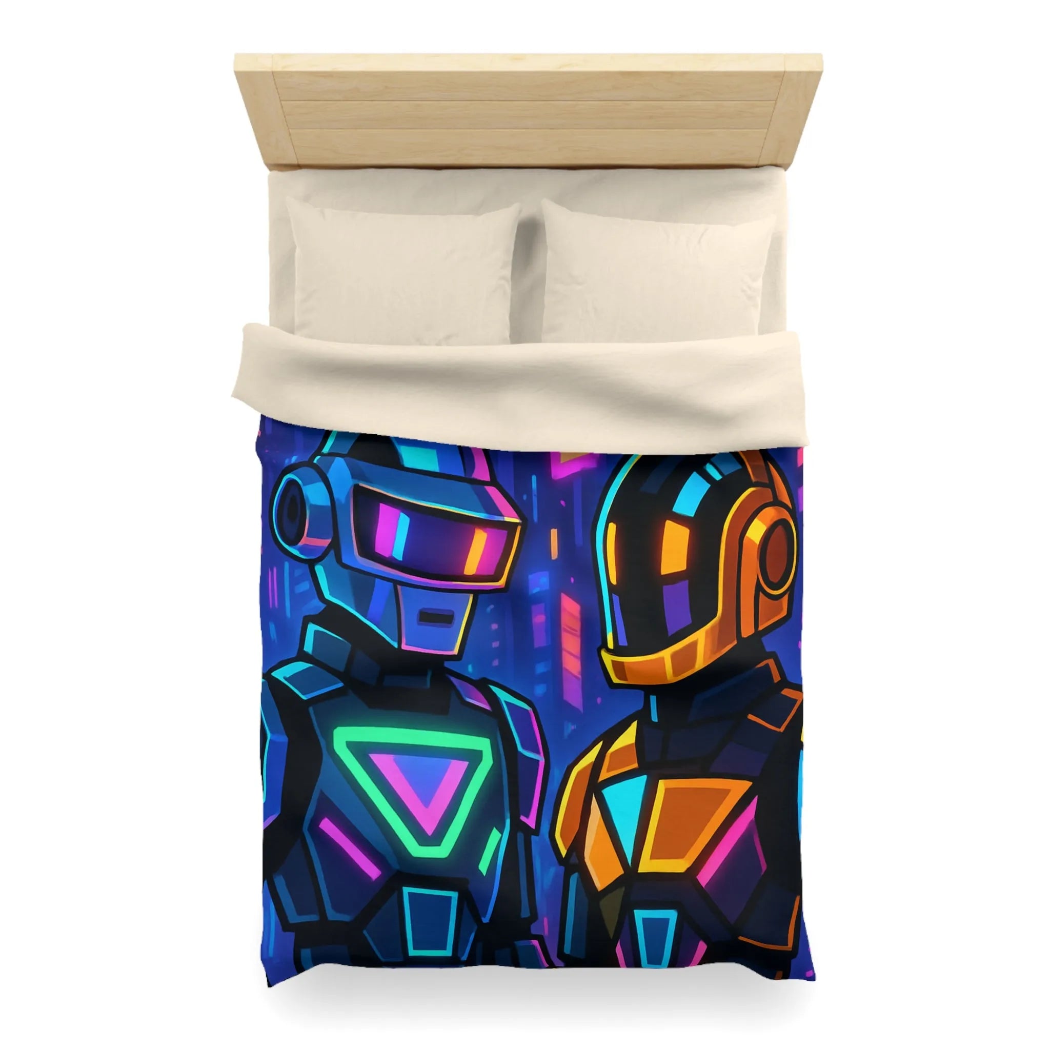 Housse de couette cyber thématique avec robots néons dans une ville futuriste colorée