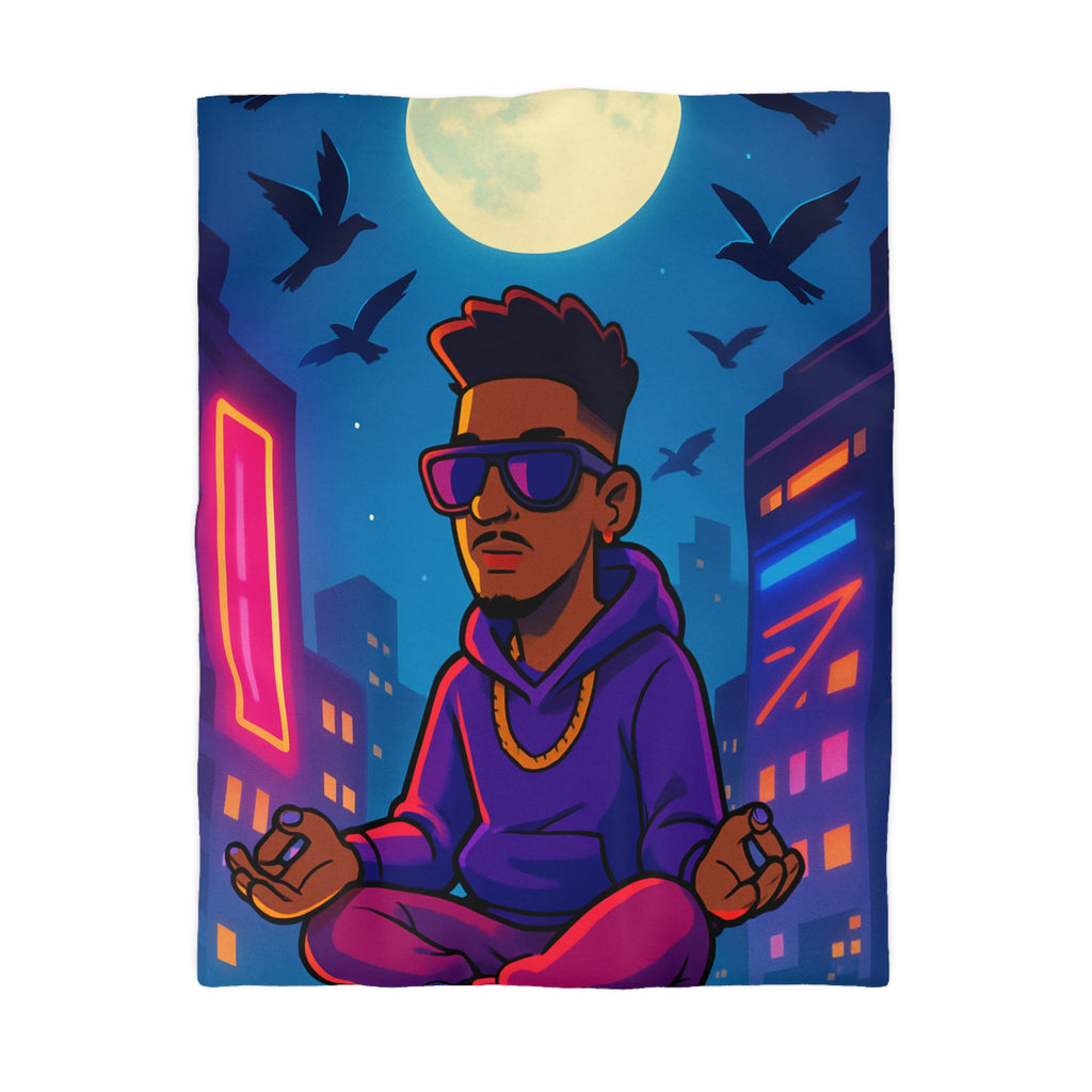 Housse de Couette Représentant Jeune Méditant Sur Toit en Ville, Pleine Lune Derrière