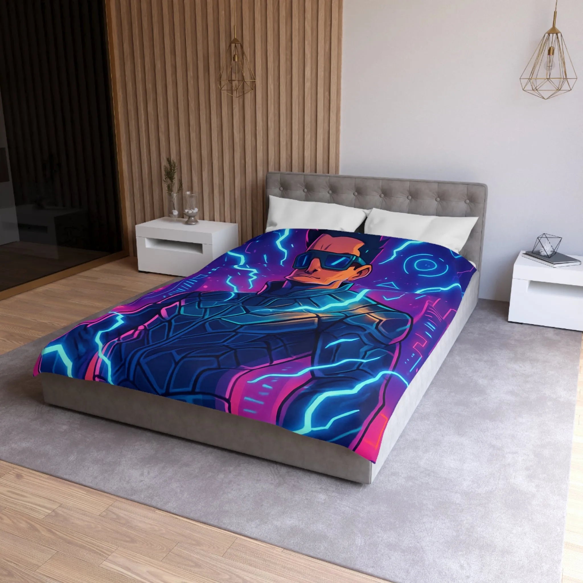 Housse de Couette Futuriste Cyberpunk avec Éclairs Électriques et Design Néon Énergétique