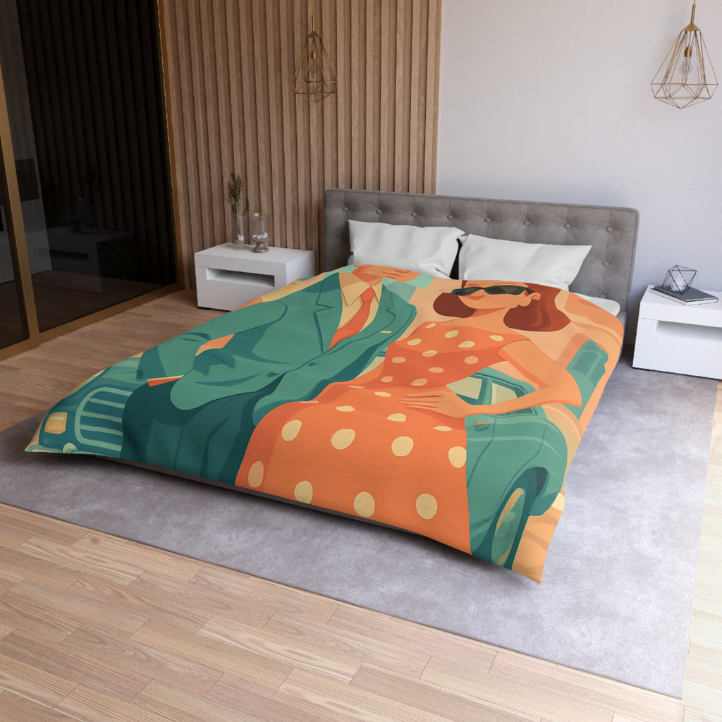 Housse de couette vintage rétro avec couple élégant en habits années 50 chic