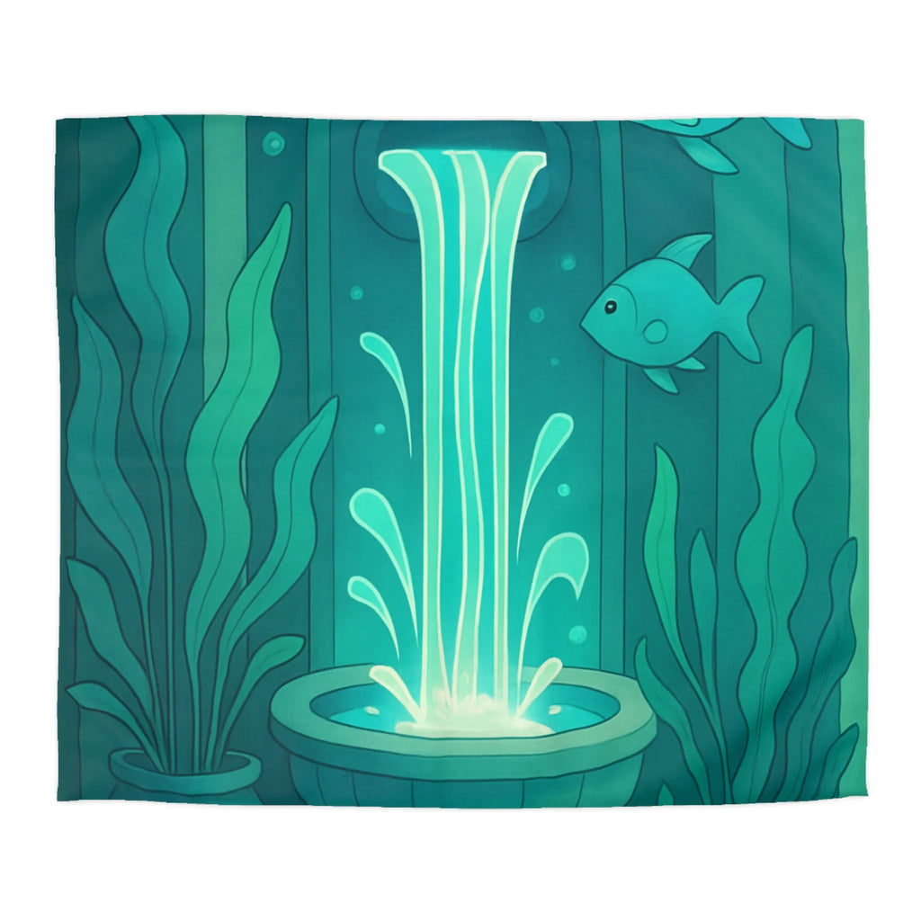 Housse de Couette Art Nouveau Illustrée Fontaine Poissons Teintes Bleues Calmes Décoration Intérieure