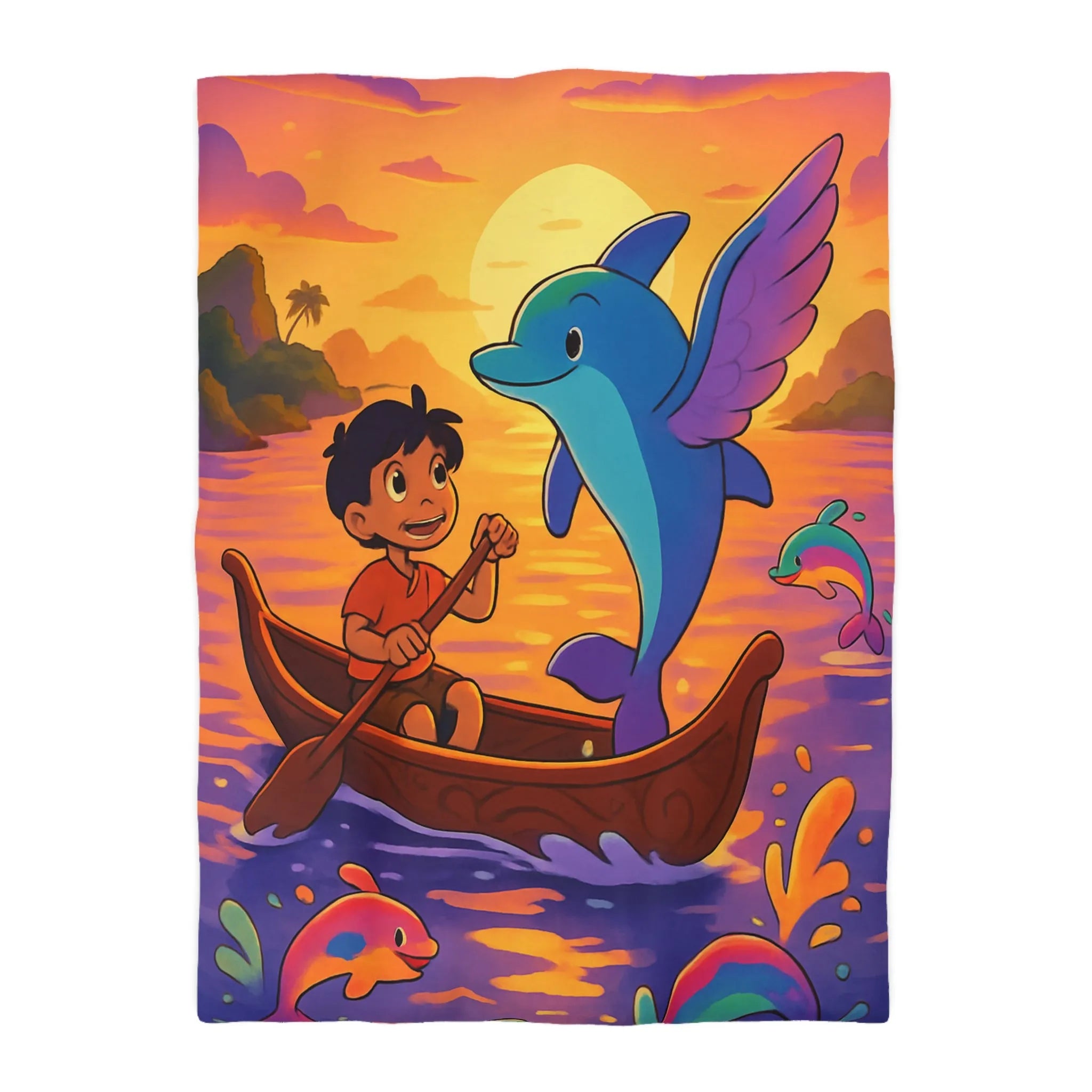 Housse de Couette Enfant : Dauphin Bleu, Aventure en Barque, Coucher de Soleil