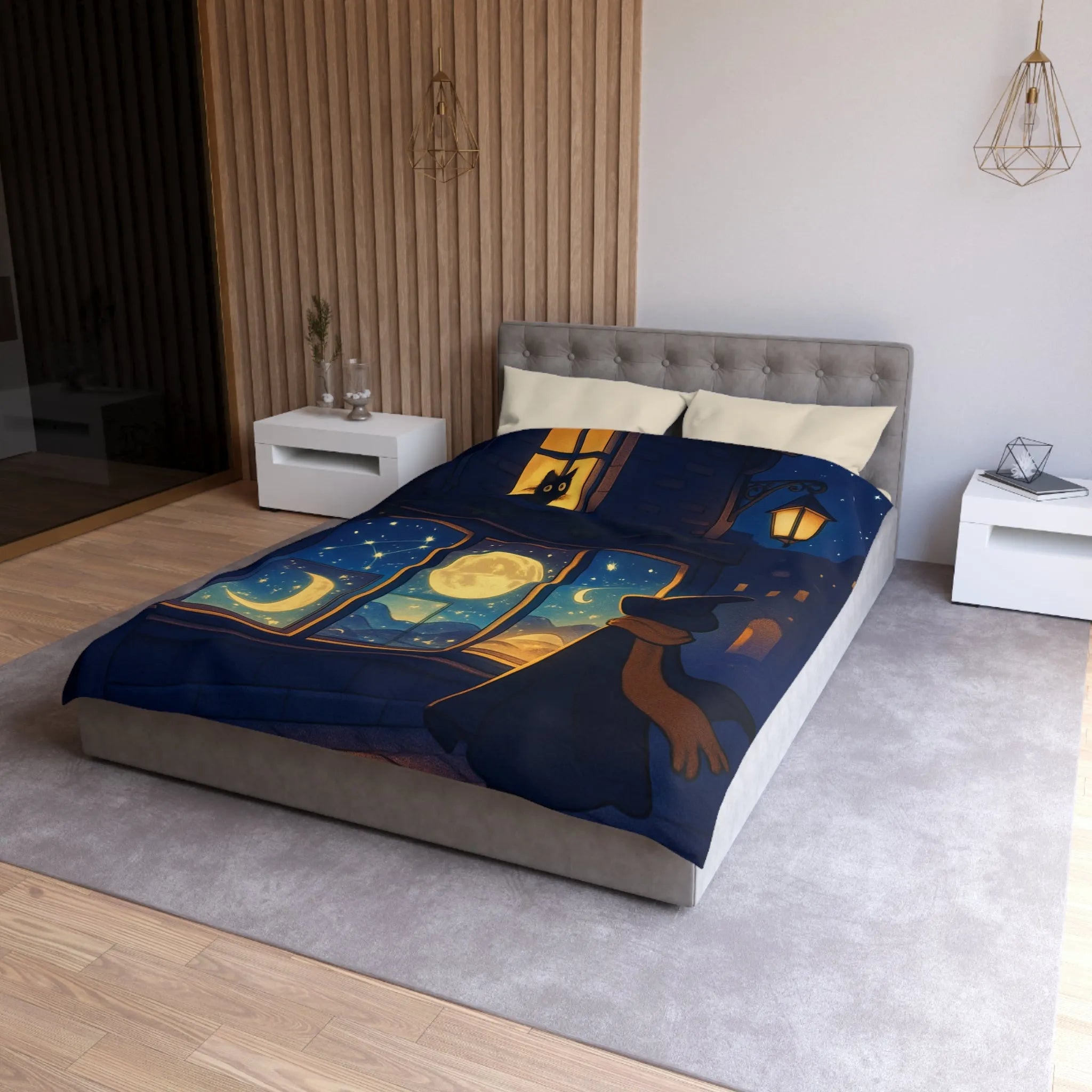 Housse de couette magique avec scène nocturne féerique, chat mystique et ciel étoilé
